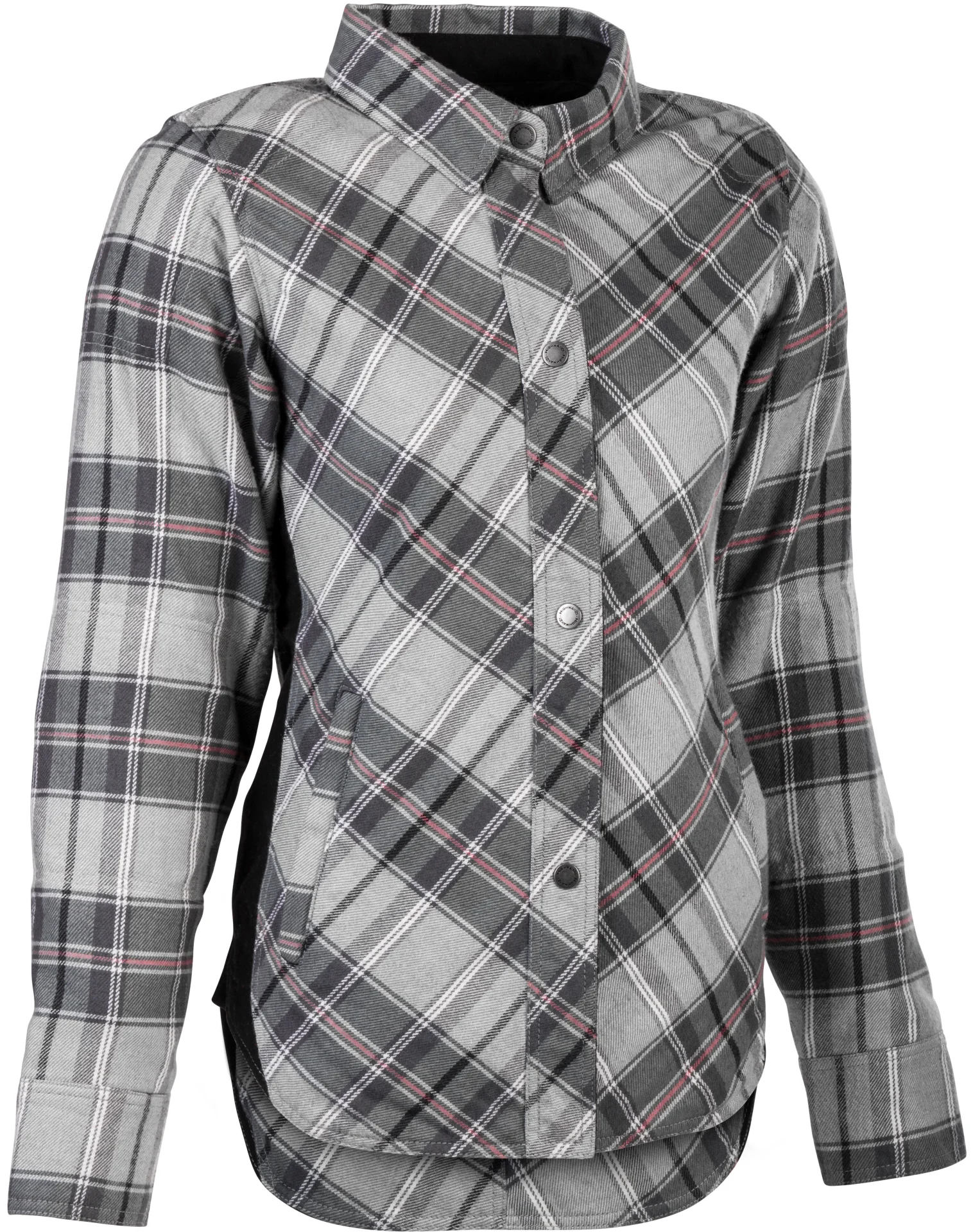 Highway 21 Women's Rogue Flannel in pink/grey plaid, front view with snap front