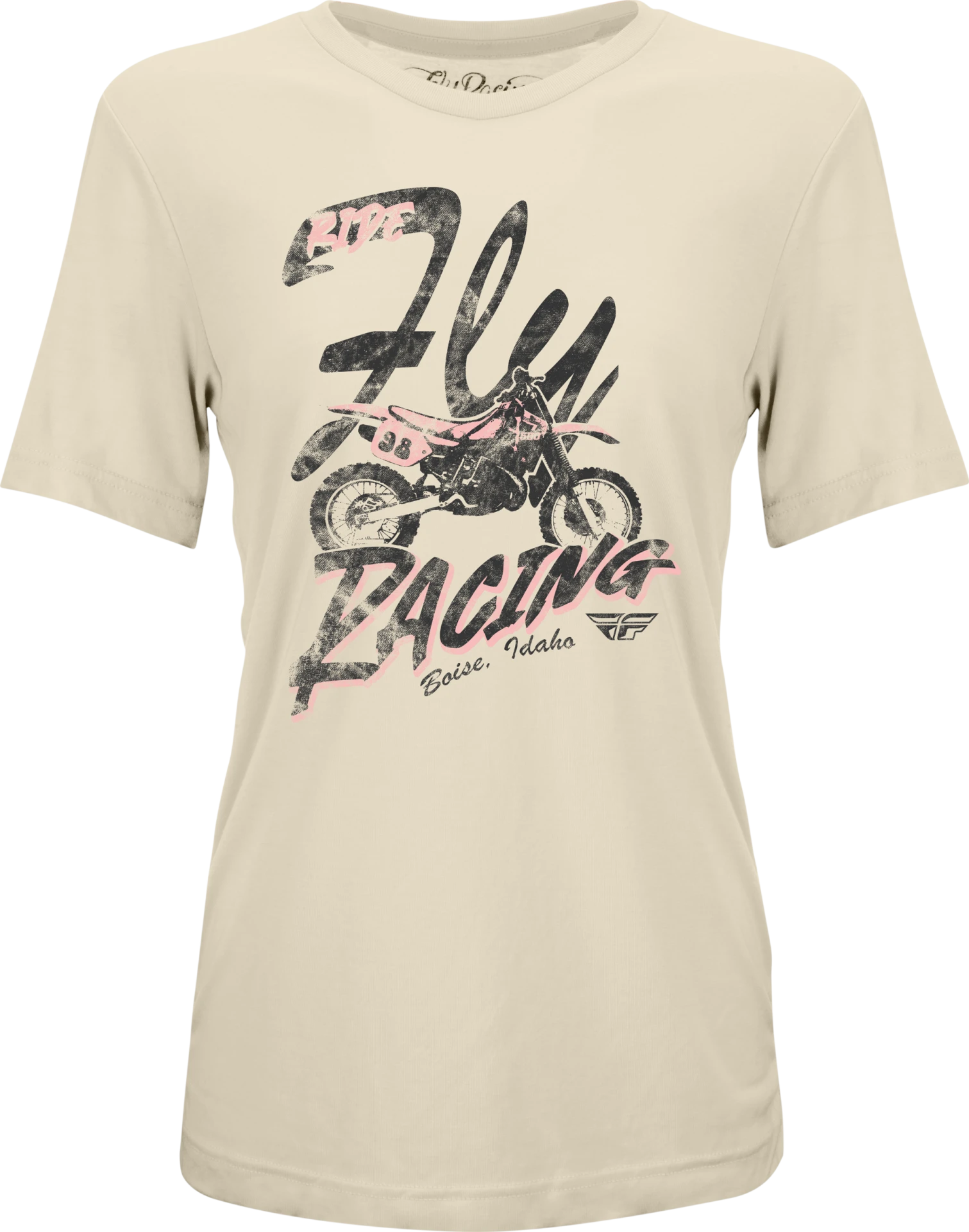 FLY Racing Women's Vintage Tee in bone, front view with a Fly Racing script and motorcycle graphic
