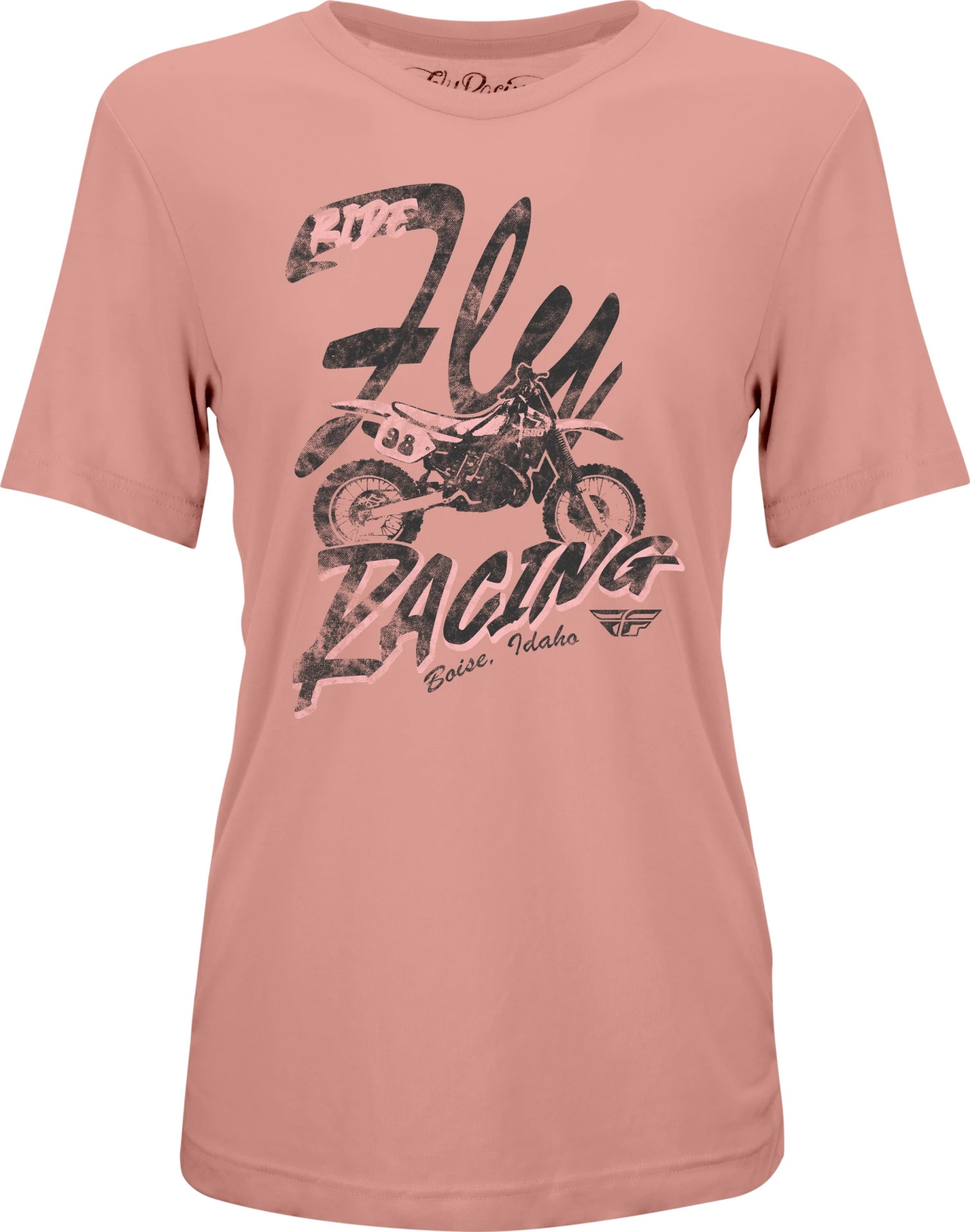 FLY Racing Women's Vintage Tee in pink, front view with a dark Fly Racing script and motorcycle graphic