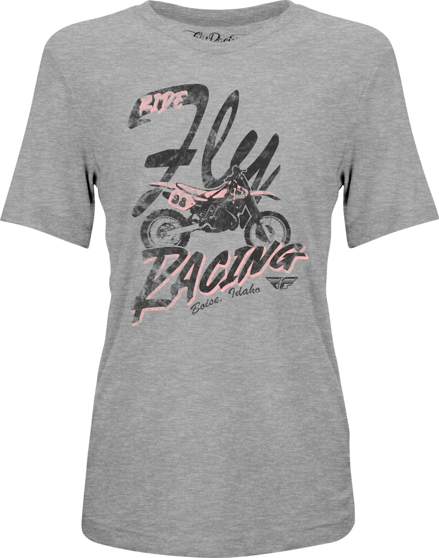 FLY Racing Women's Vintage Tee in grey, front view with a Fly Racing script and motorcycle graphic