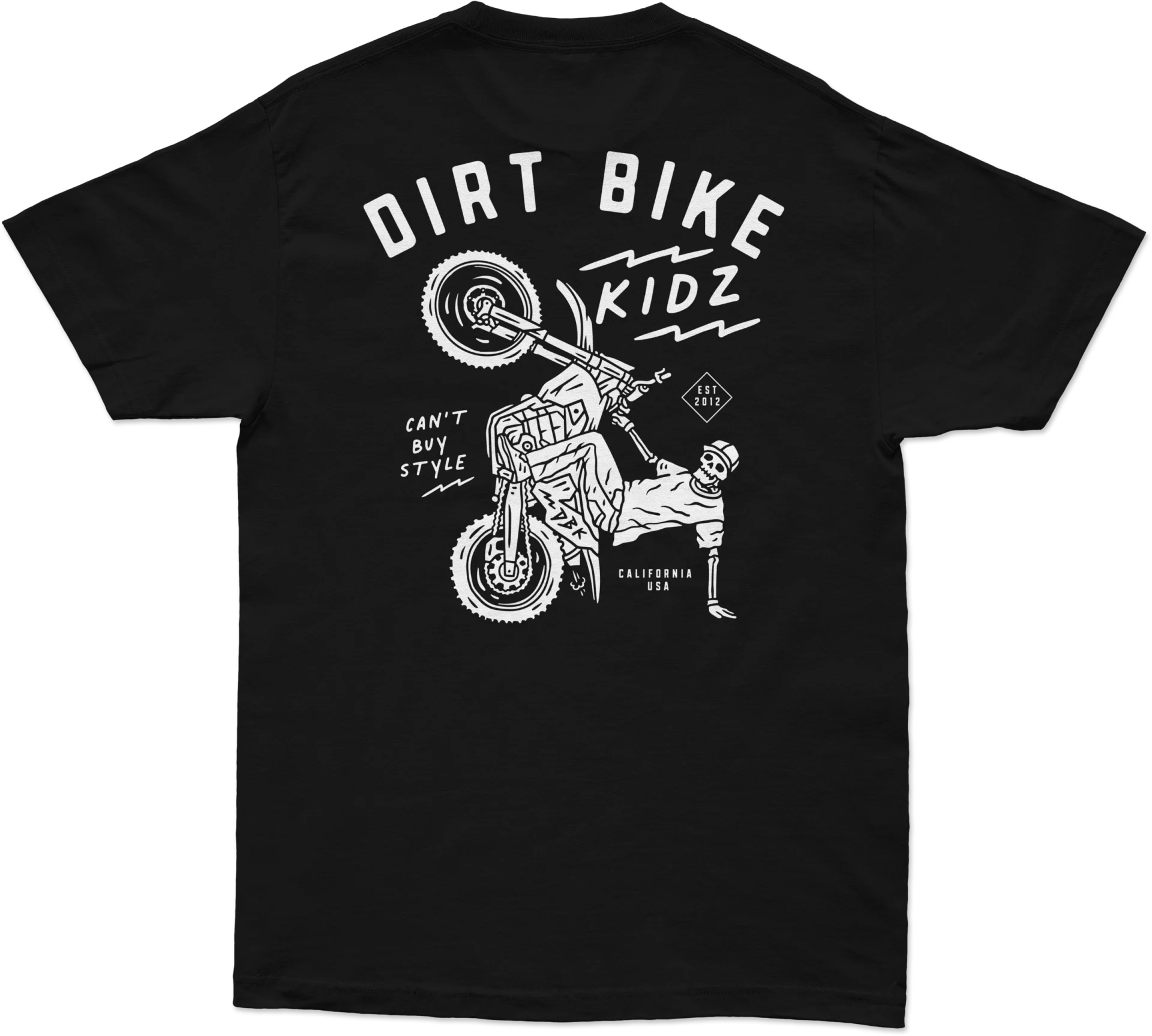 DBK 12 O'clock Tee in black, back view with Dirt Bike Kidz graphic of a rider pulling a vertical wheelie