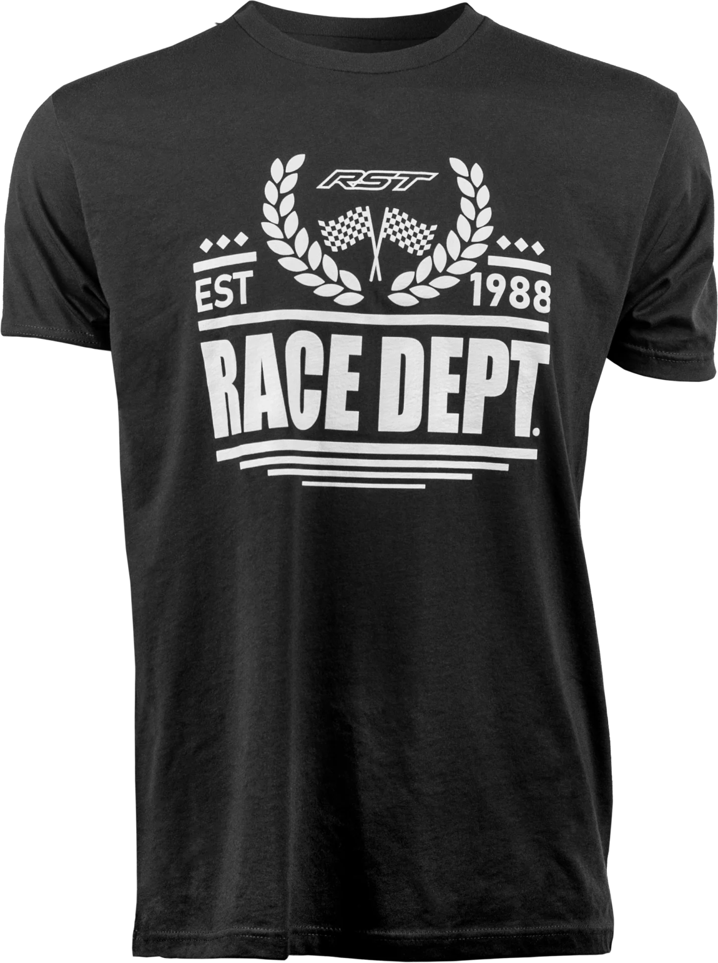 RST 1988 Tee in black, front view with white Race Dept. Est 1988 crest