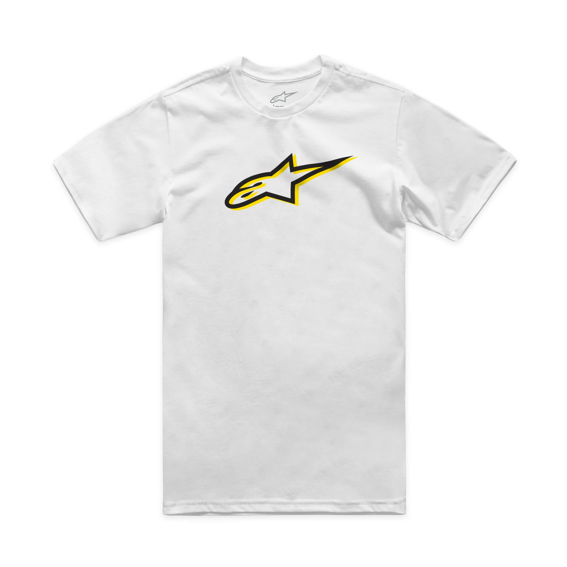 Alpinestars Ageless Shadow CSF Tee in white, front view with yellow and black Alpinestars logo