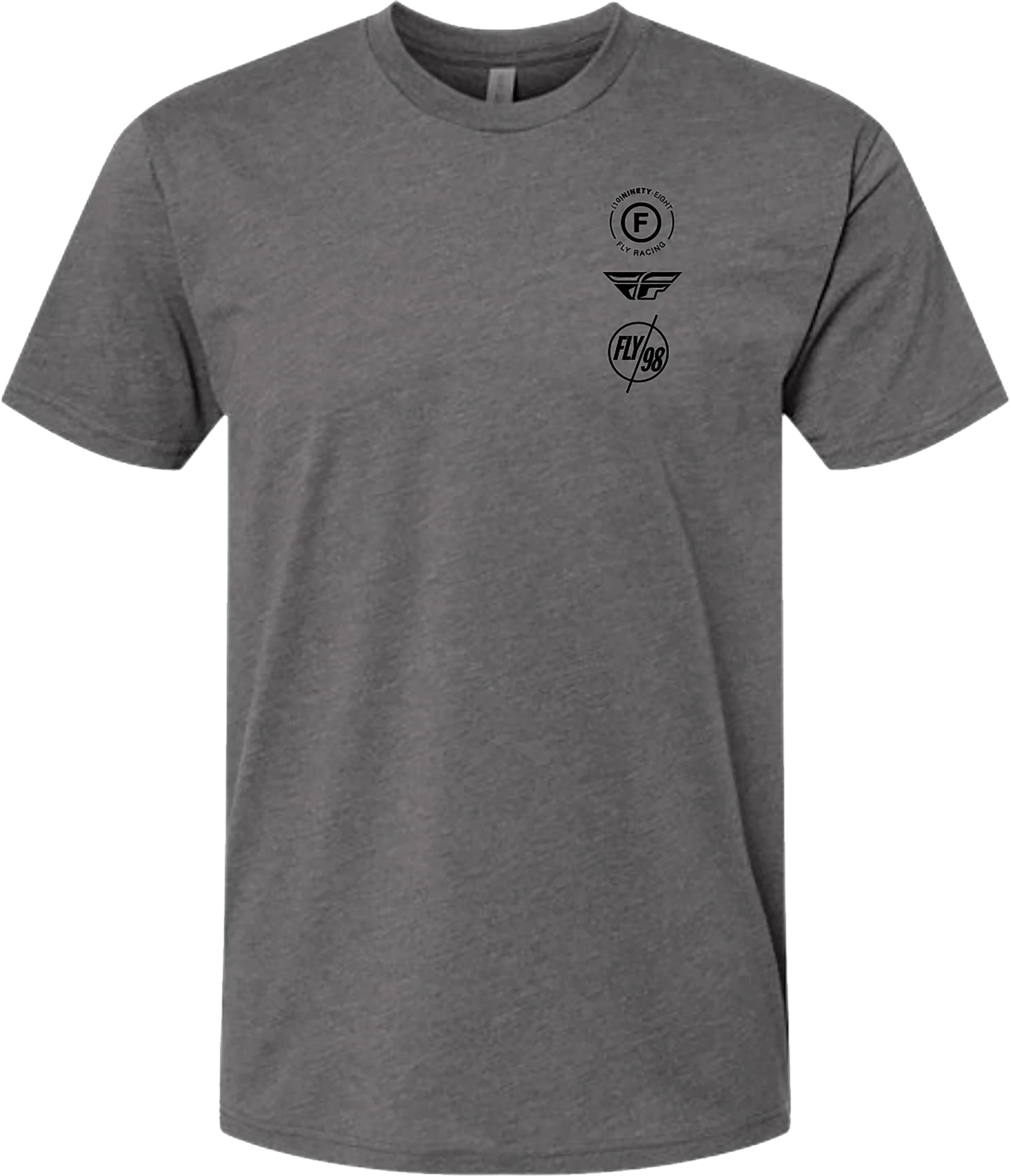 Fly Racing Atom Tee in gunmetal heather, front view with small stacked chest logos