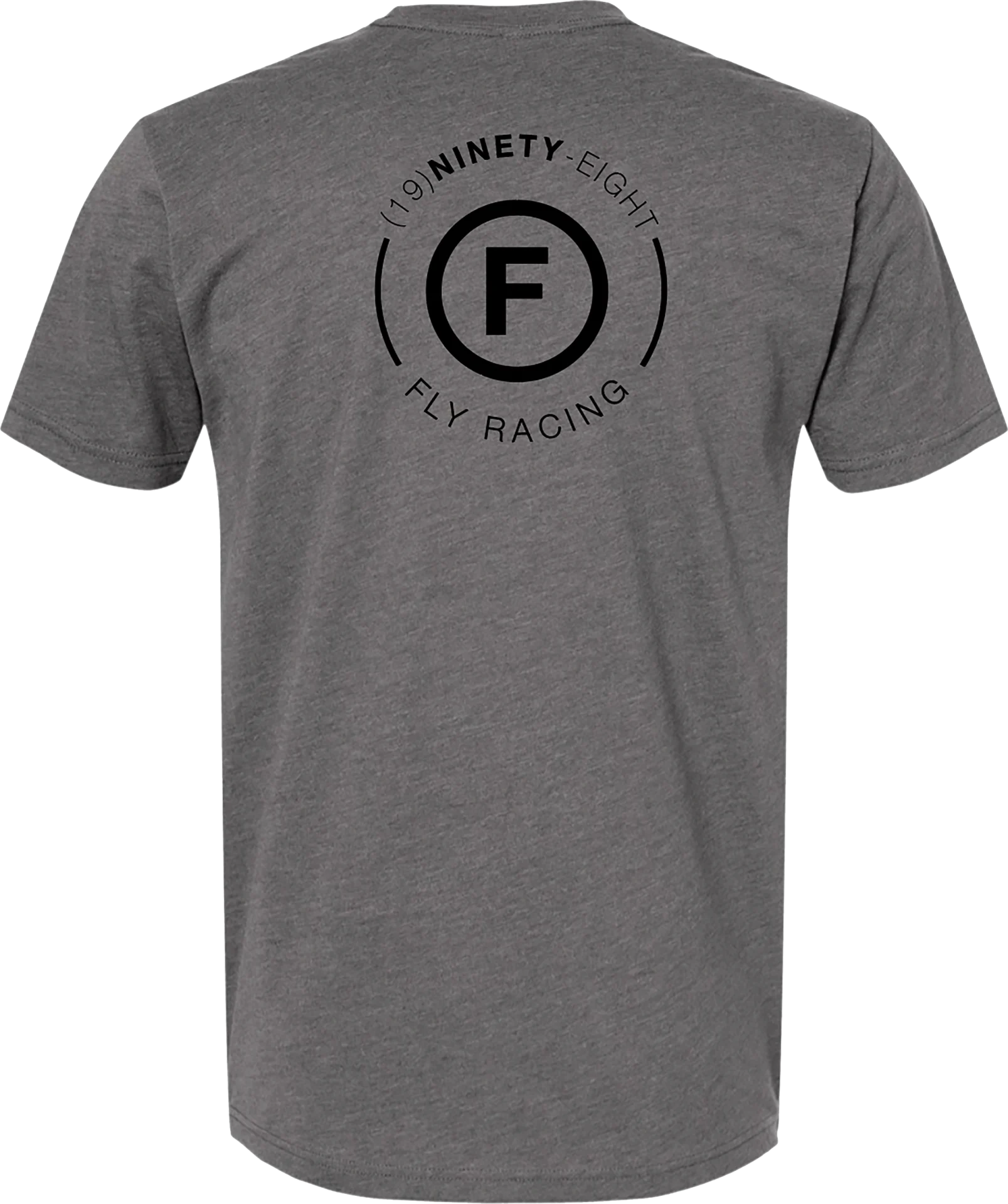 Fly Racing Atom Tee in gunmetal heather, back view with circular F Ninety Eight Fly Racing logo