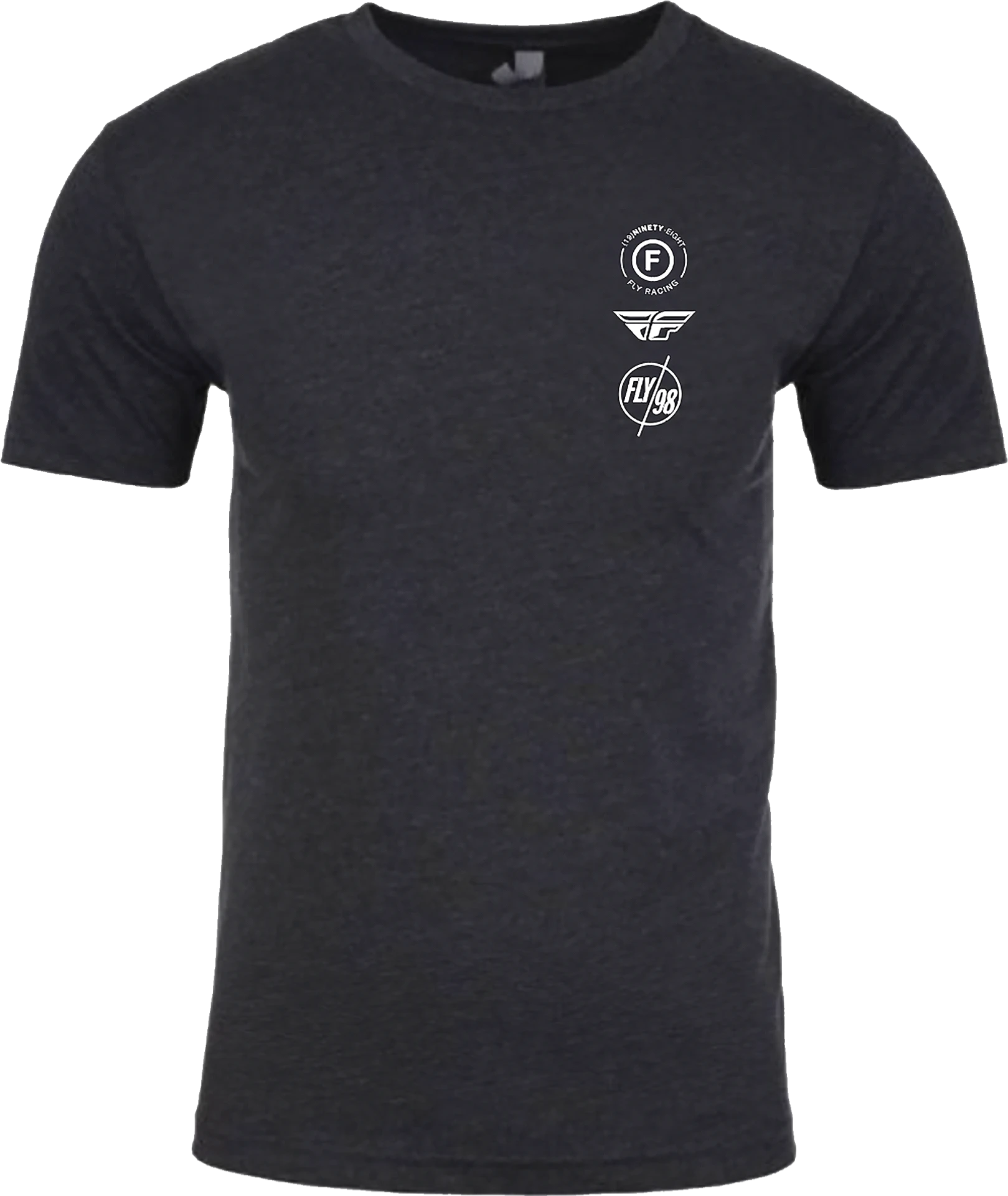 Fly Racing Atom Tee in black, front view with small white stacked chest logos