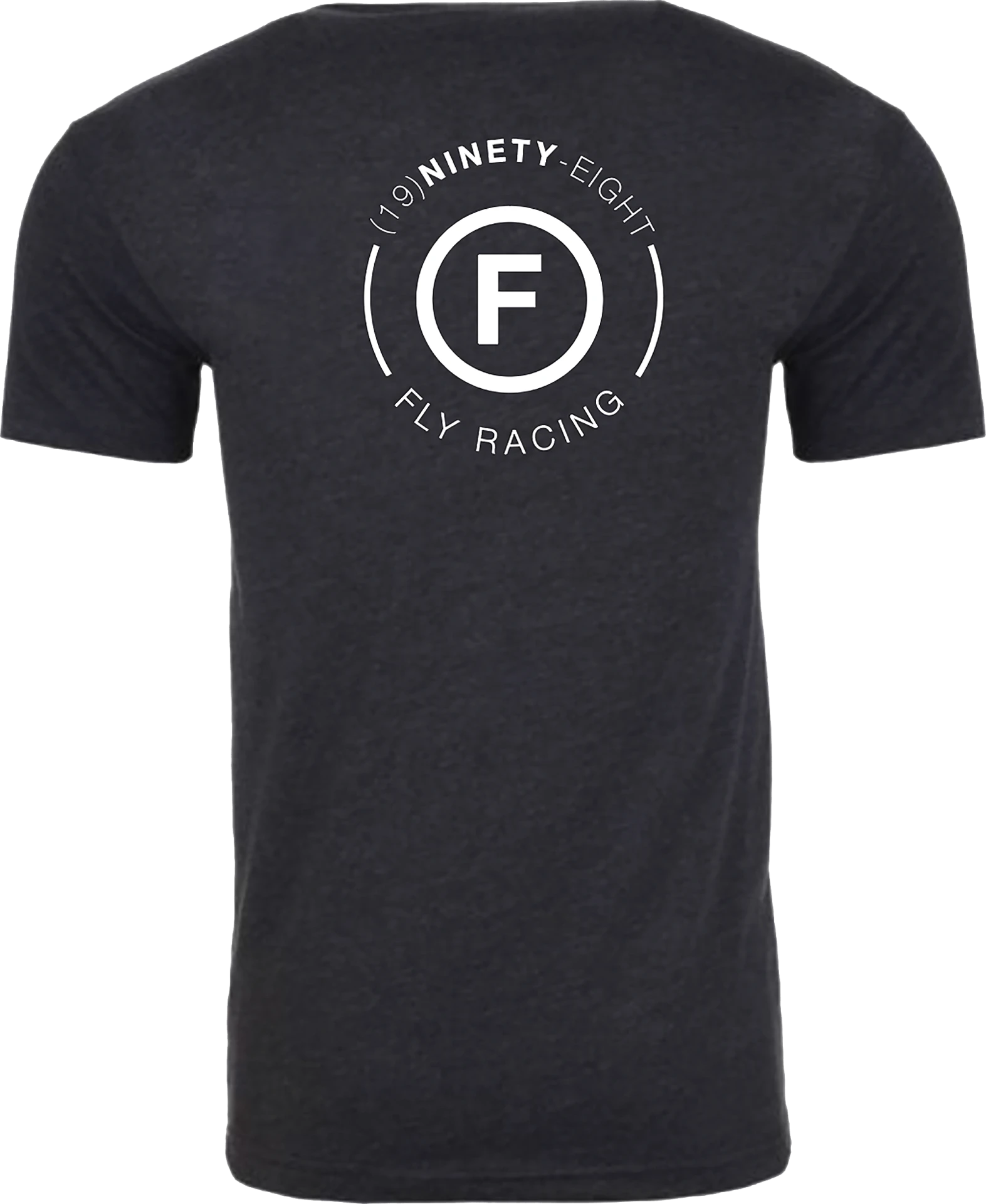 Fly Racing Atom Tee in black, back view with white circular F Ninety Eight Fly Racing logo