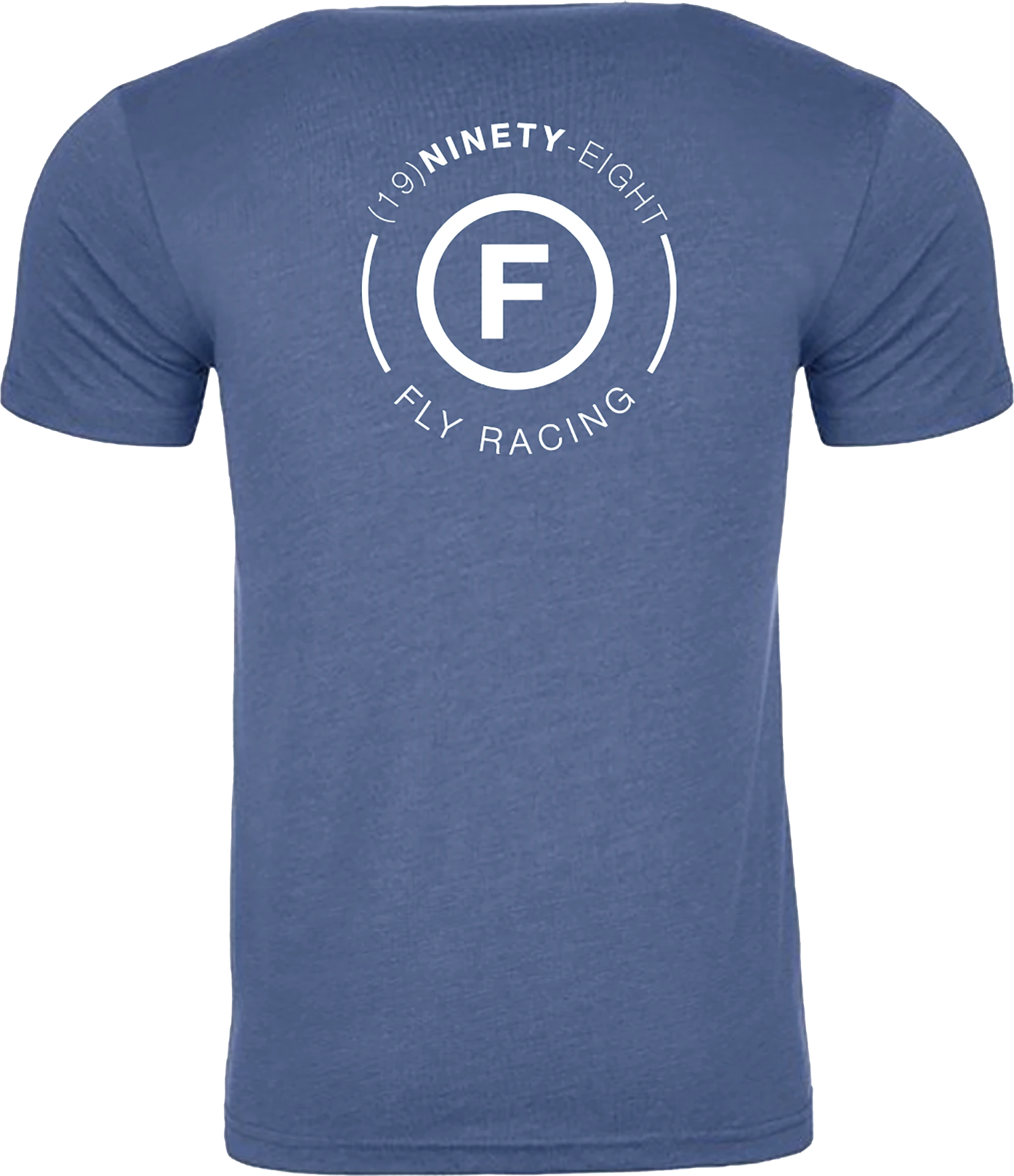 Fly Racing Atom Tee in cool blue heather, back view with white circular F Ninety Eight Fly Racing logo