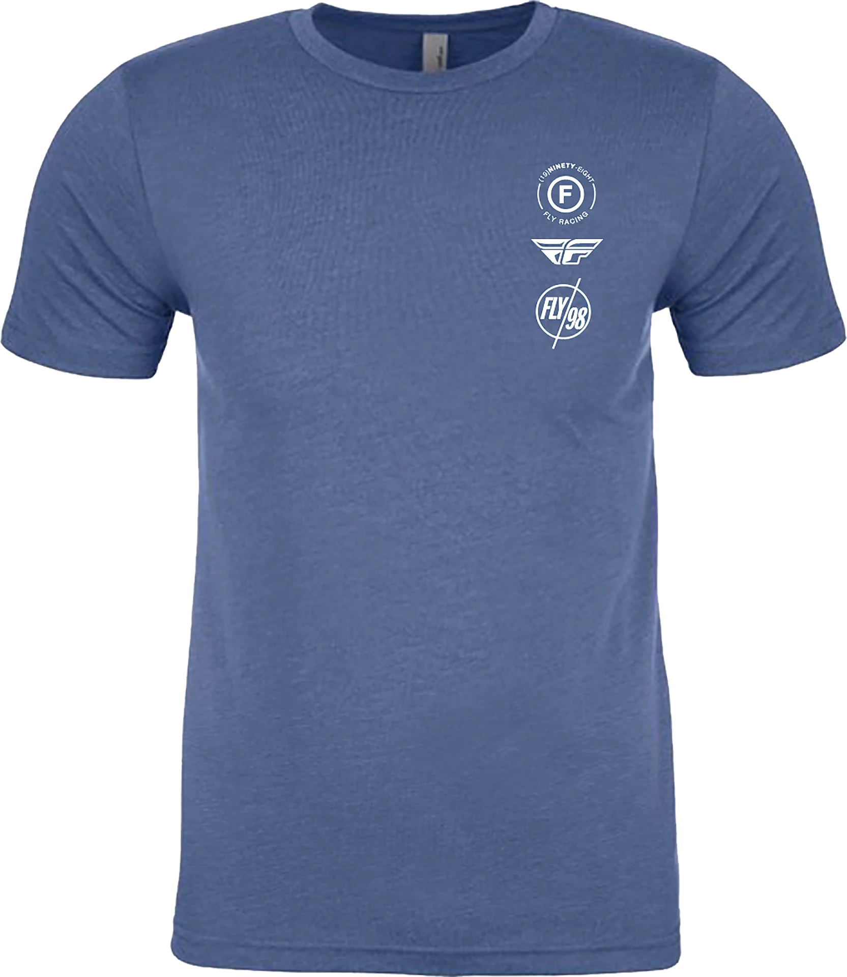 Fly Racing Atom Tee in cool blue heather, front view with small white stacked chest logos