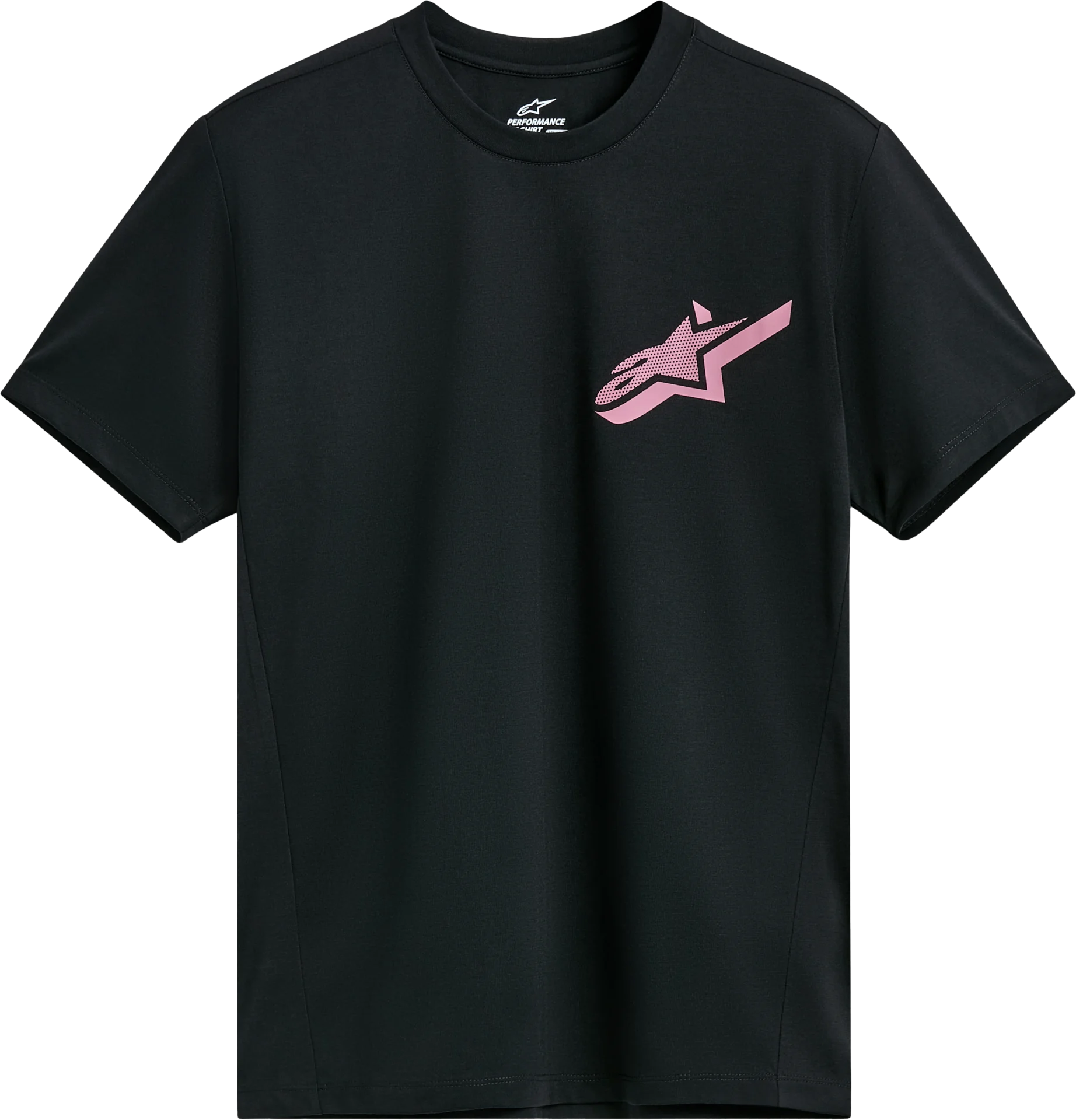 Alpinestars Attrition Performance Tee in black, front view with pink Alpinestars chest logo