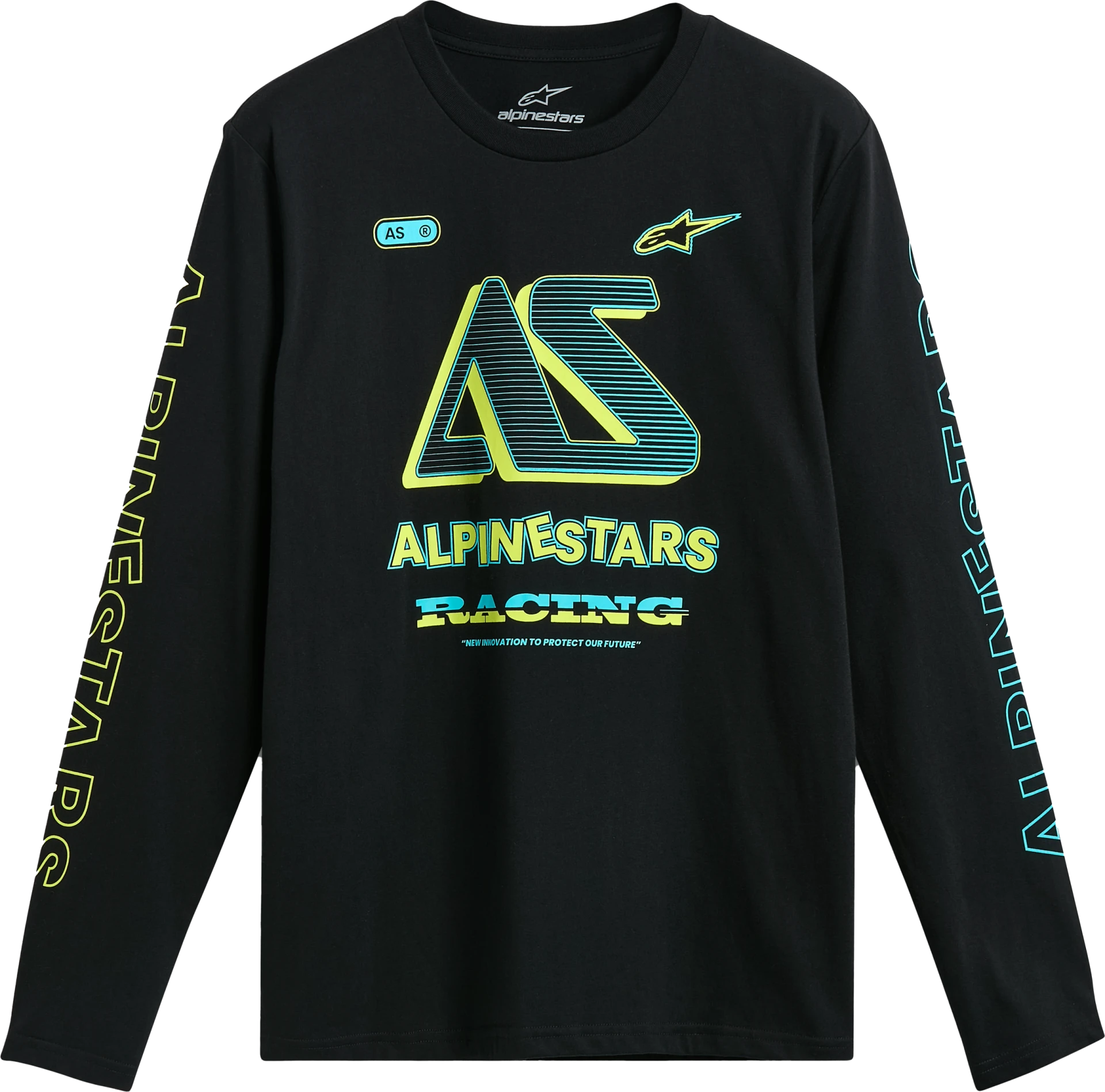 Alpinestars Ayess LS Tee in black, front view with yellow and teal jersey-style AS graphic and sleeve logos