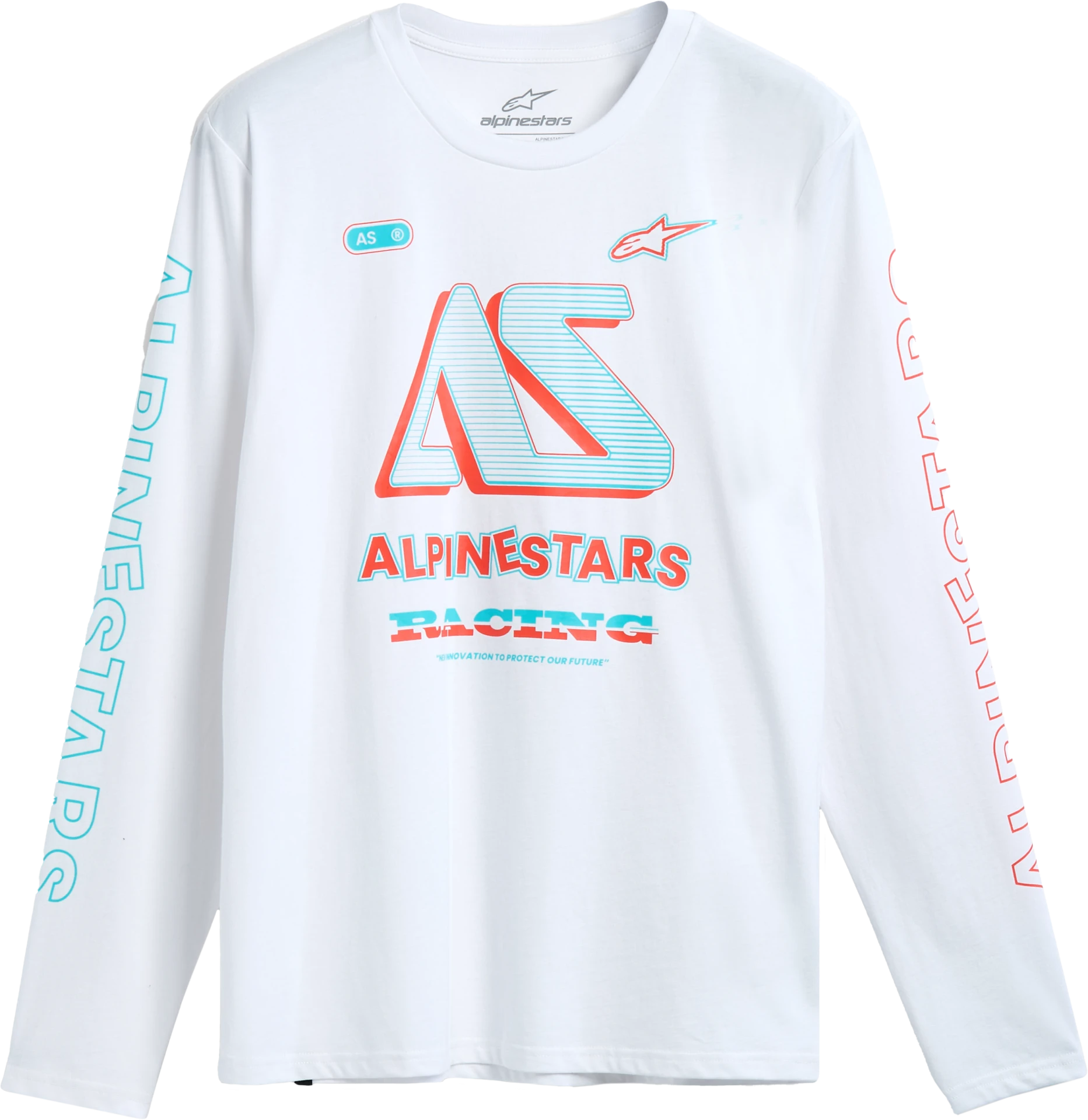 Alpinestars Ayess LS Tee in white, front view with red and teal jersey-style AS graphic and sleeve logos