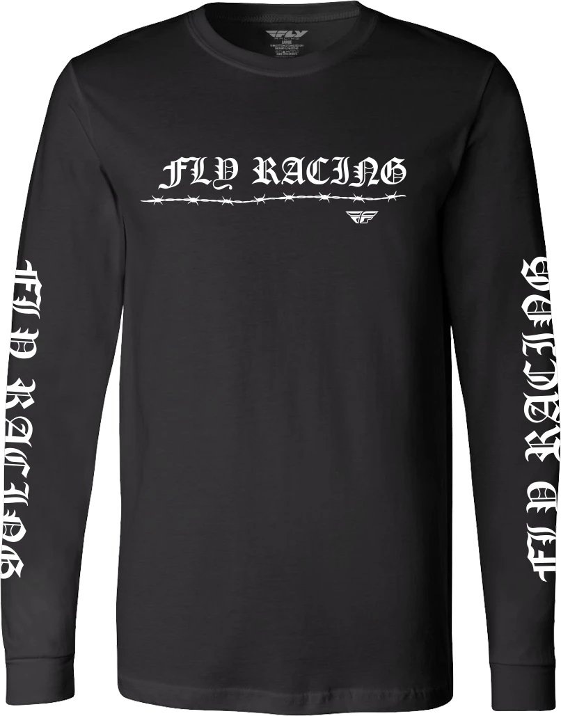 Fly Racing Barbed Wire Longsleeve Tee in black, front view with Fly Racing chest script and sleeve prints