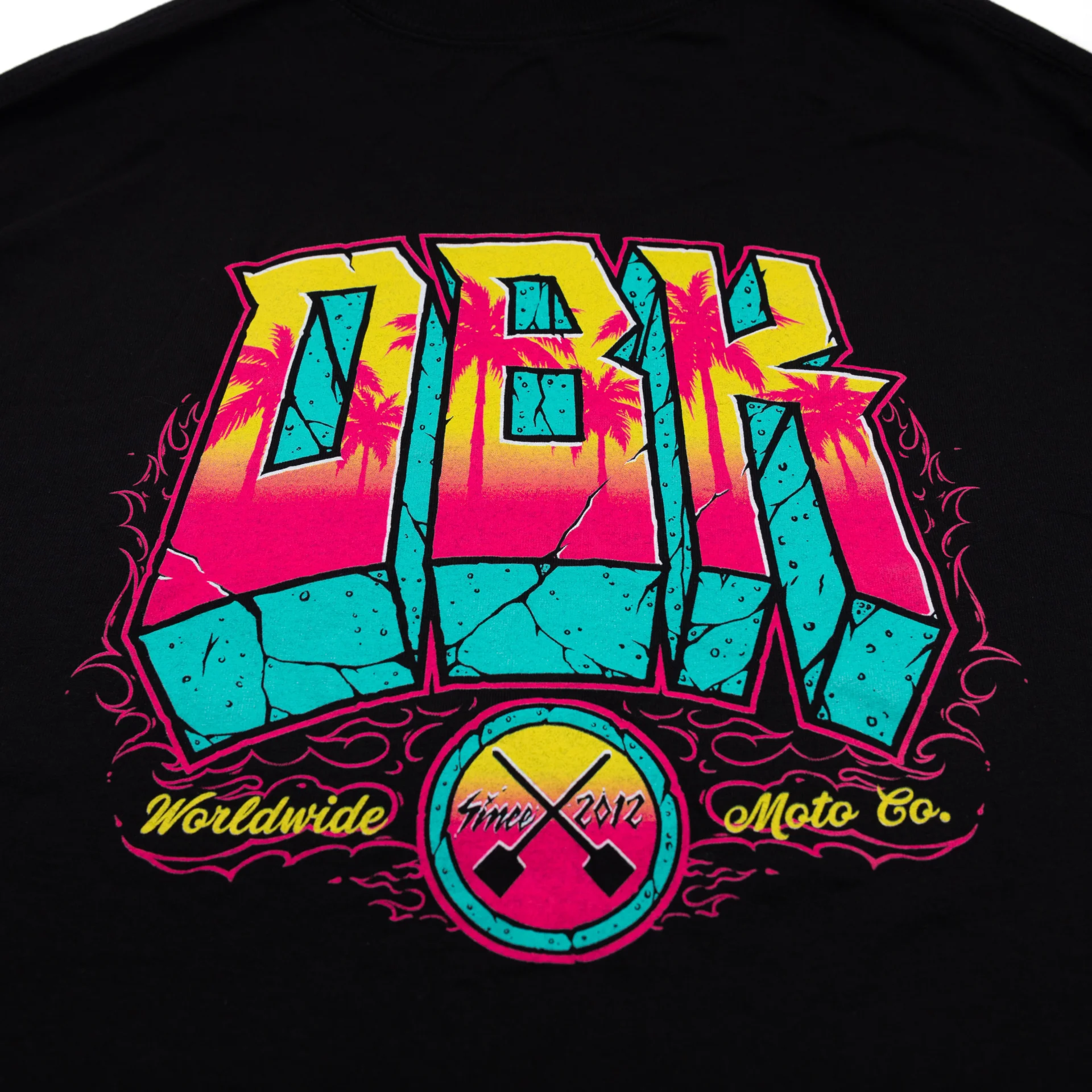 DBK Block X Block Tee in black, close-up of the back DBK Worldwide Moto Co. graphic