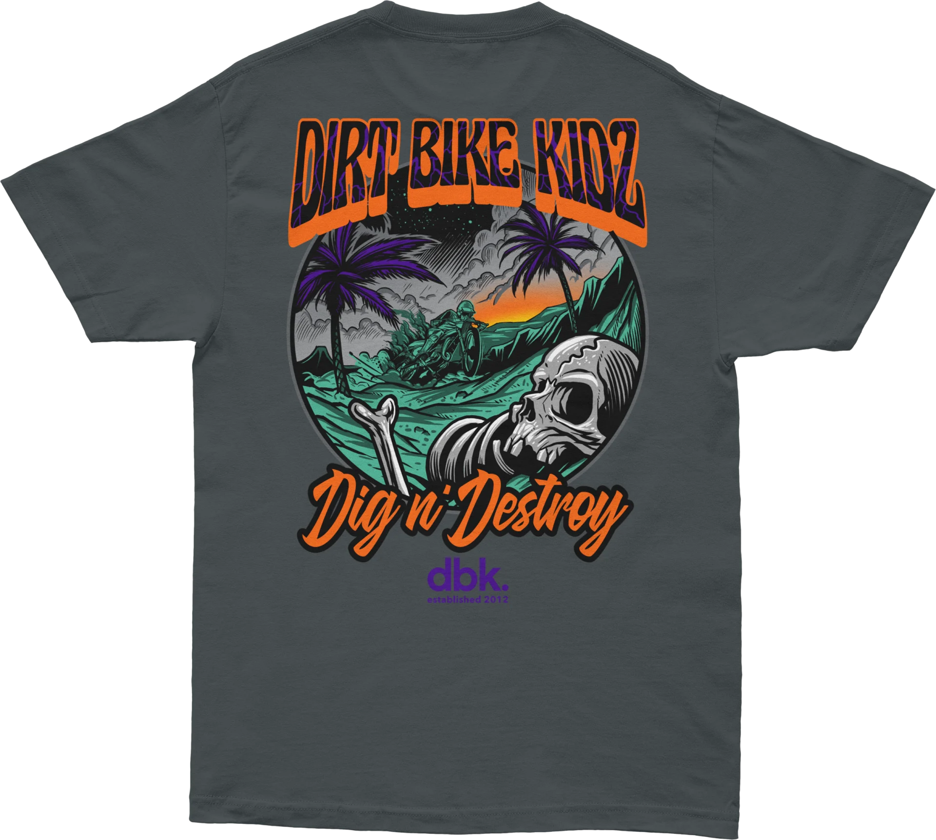 DBK Boneyard Tee in charcoal, back view with Dirt Bike Kidz skull and palm tree graphic