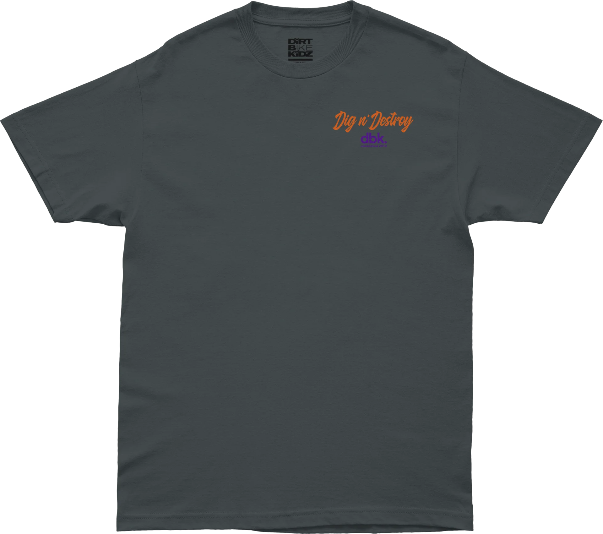 DBK Boneyard Tee in charcoal, front view with small chest logo