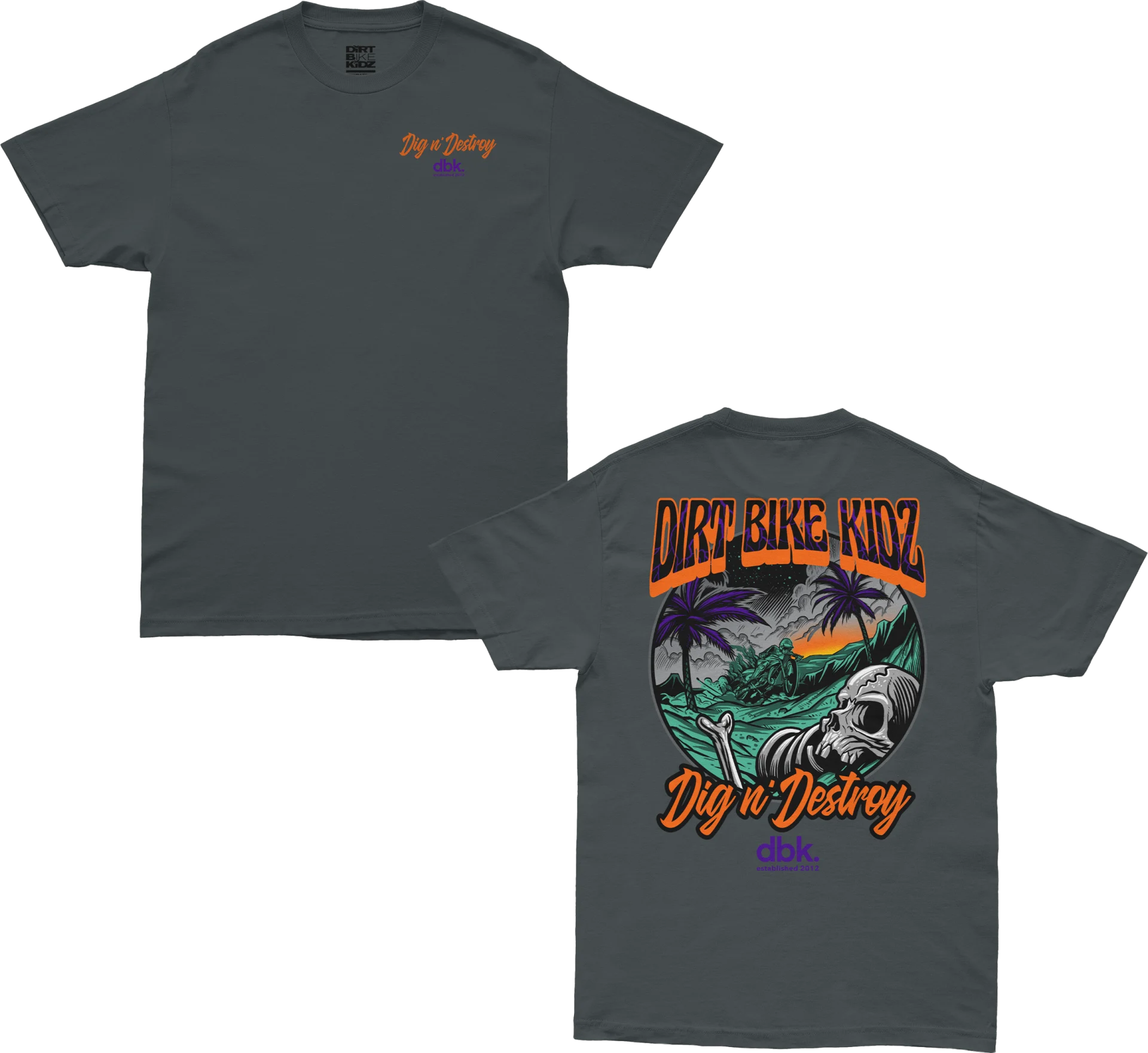 DBK Boneyard Tee in charcoal, front and back views side by side