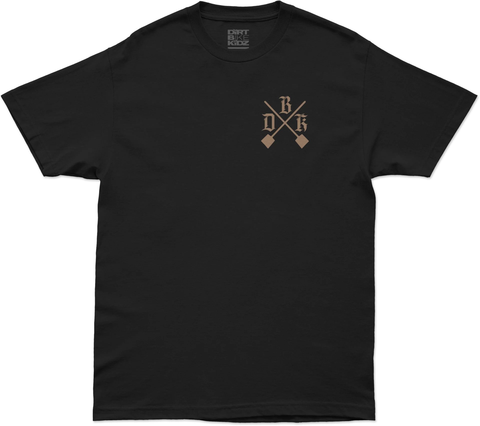 DBK Camo Shovels Tee in black, front view with crossed shovels DBK chest logo