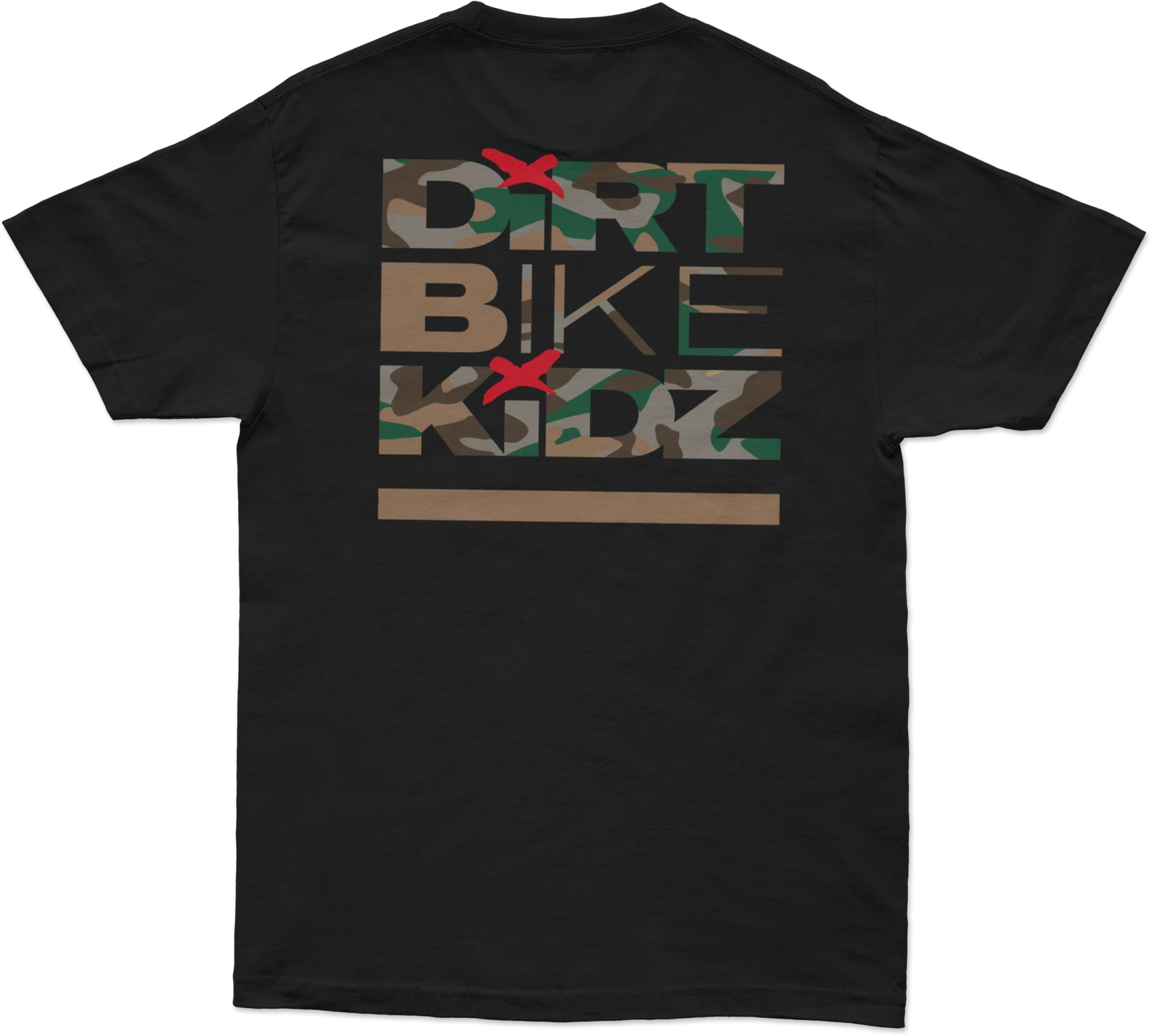 DBK Camo Shovels Tee in black, back view with large camo-filled Dirt Bike Kidz logo