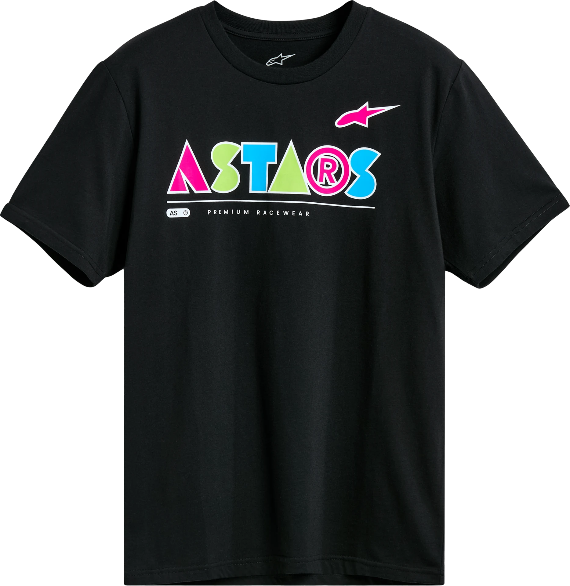 Alpinestars Cereal Tee in black, front view with multicolor Astars geometric logo
