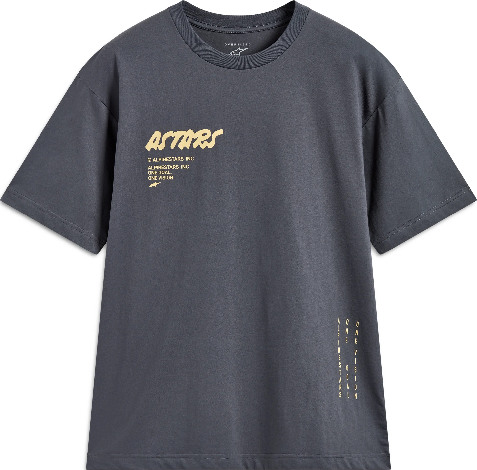 Alpinestars Chalk Oversized Tee in charcoal, front view with tan Astars logo