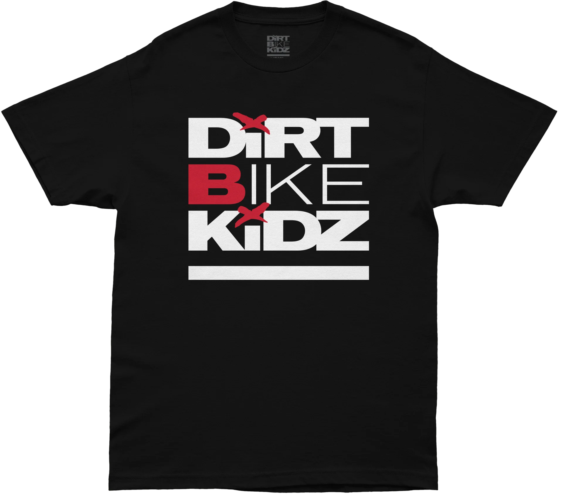DBK Classic Tee in black, front view with large stacked white and red Dirt Bike Kidz logo