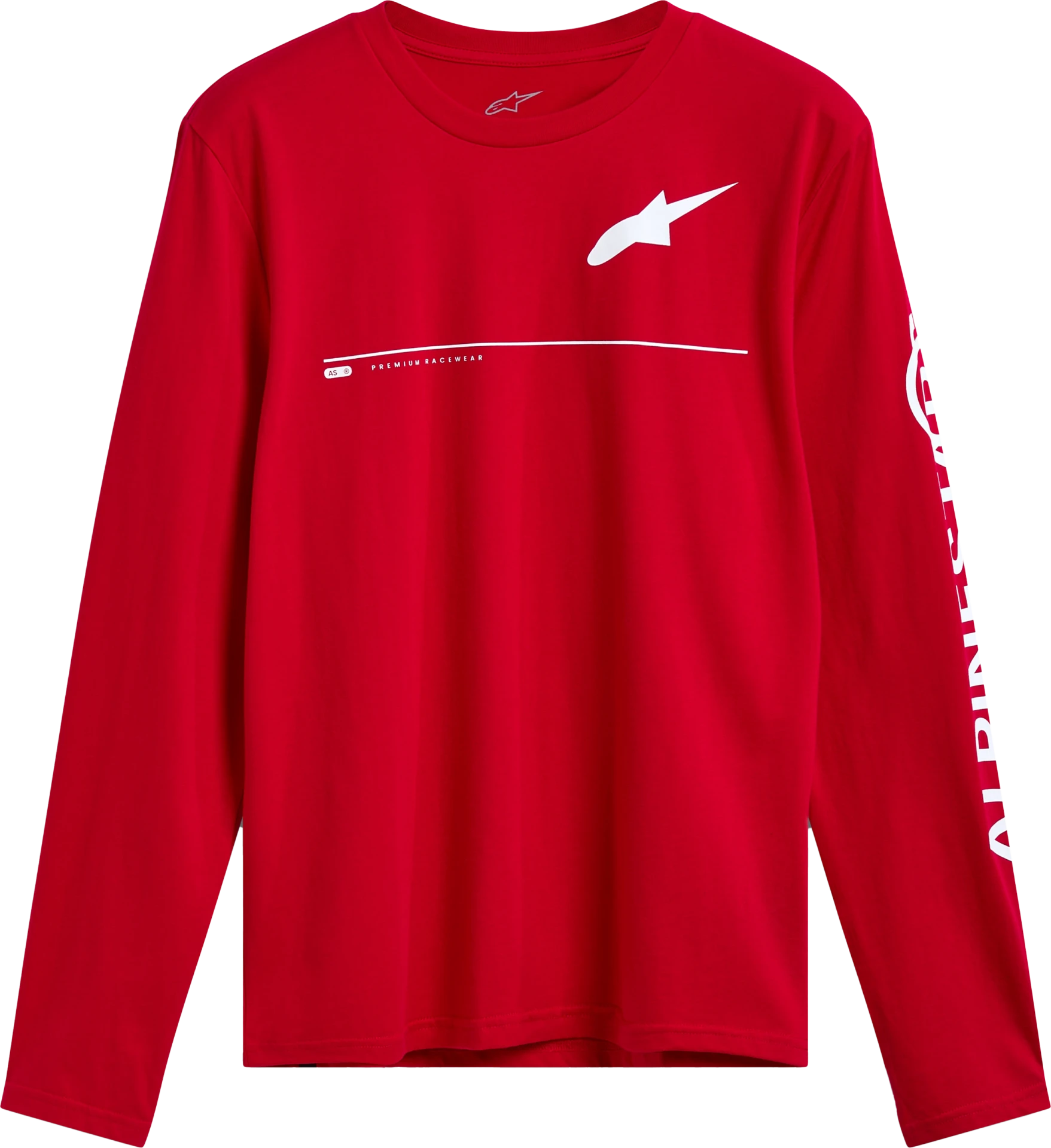 Alpinestars Committed LS Tee in red, front view with white Astars chest logo and sleeve logo
