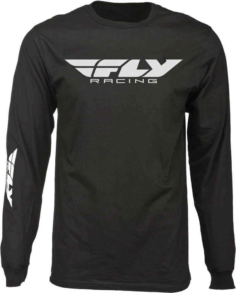 Fly Racing Corporate Long Sleeve Tee in black, front view with white Fly Racing logo and sleeve print