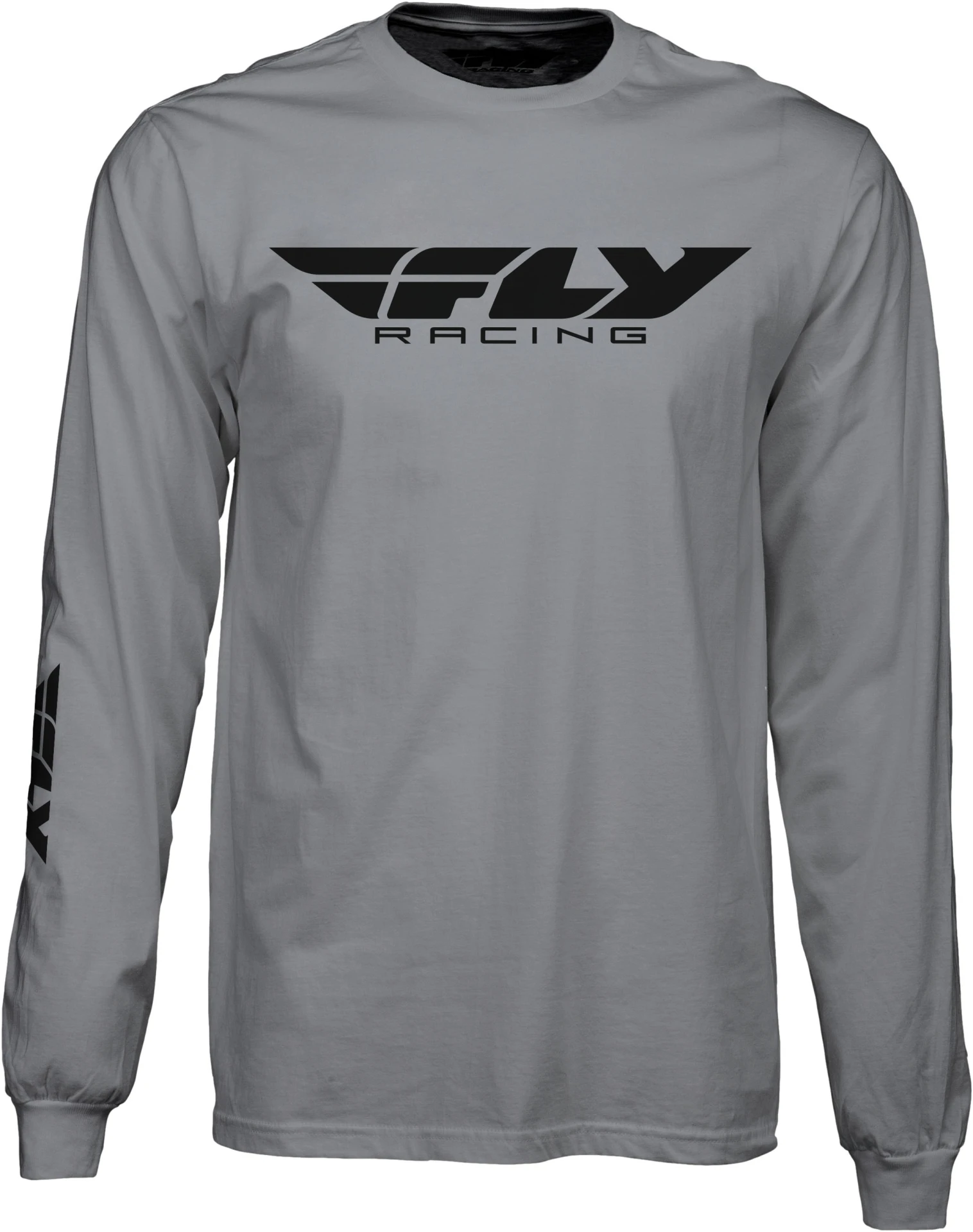 Fly Racing Corporate Long Sleeve Tee in grey, front view with black Fly Racing logo and sleeve print