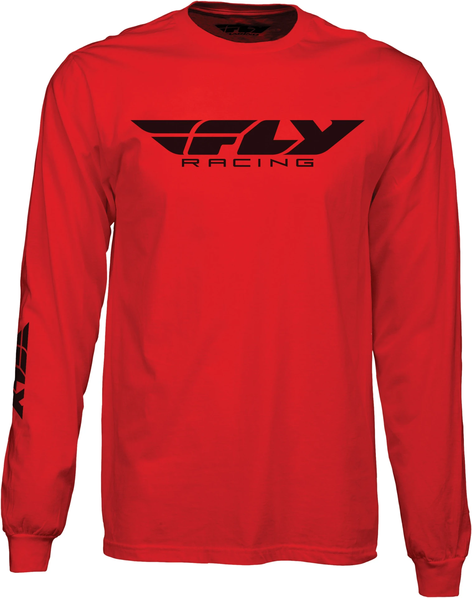 Fly Racing Corporate Long Sleeve Tee in red, front view with black Fly Racing logo and sleeve print