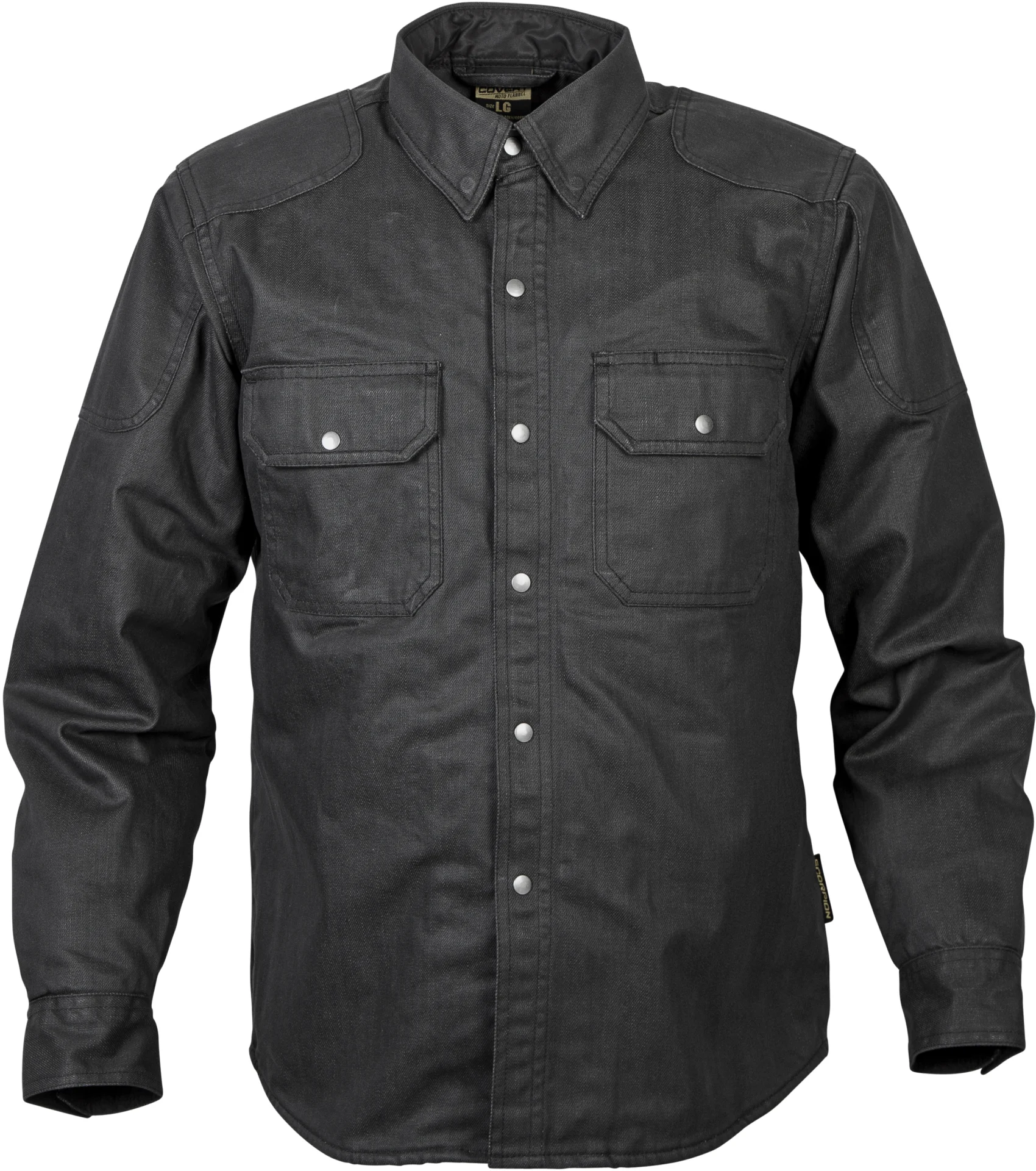 Scorpion EXO Covert Wax Riding Shirt in black, front view with snap front and two flap chest pockets