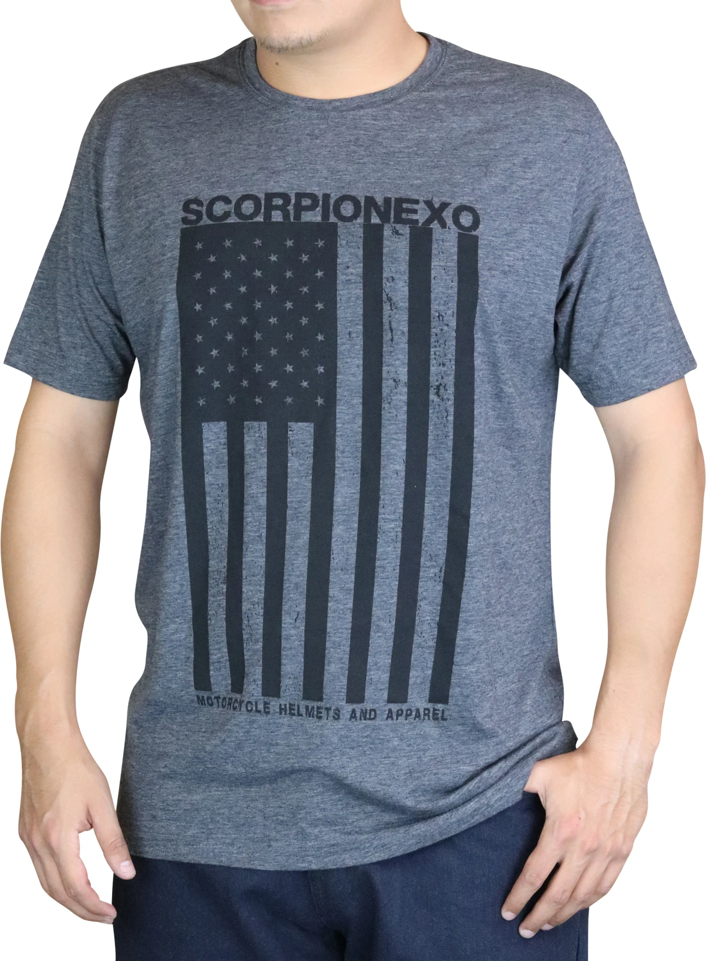 Scorpion EXO Americana Shirt in black/charcoal heather worn by a model, front view with American flag graphic