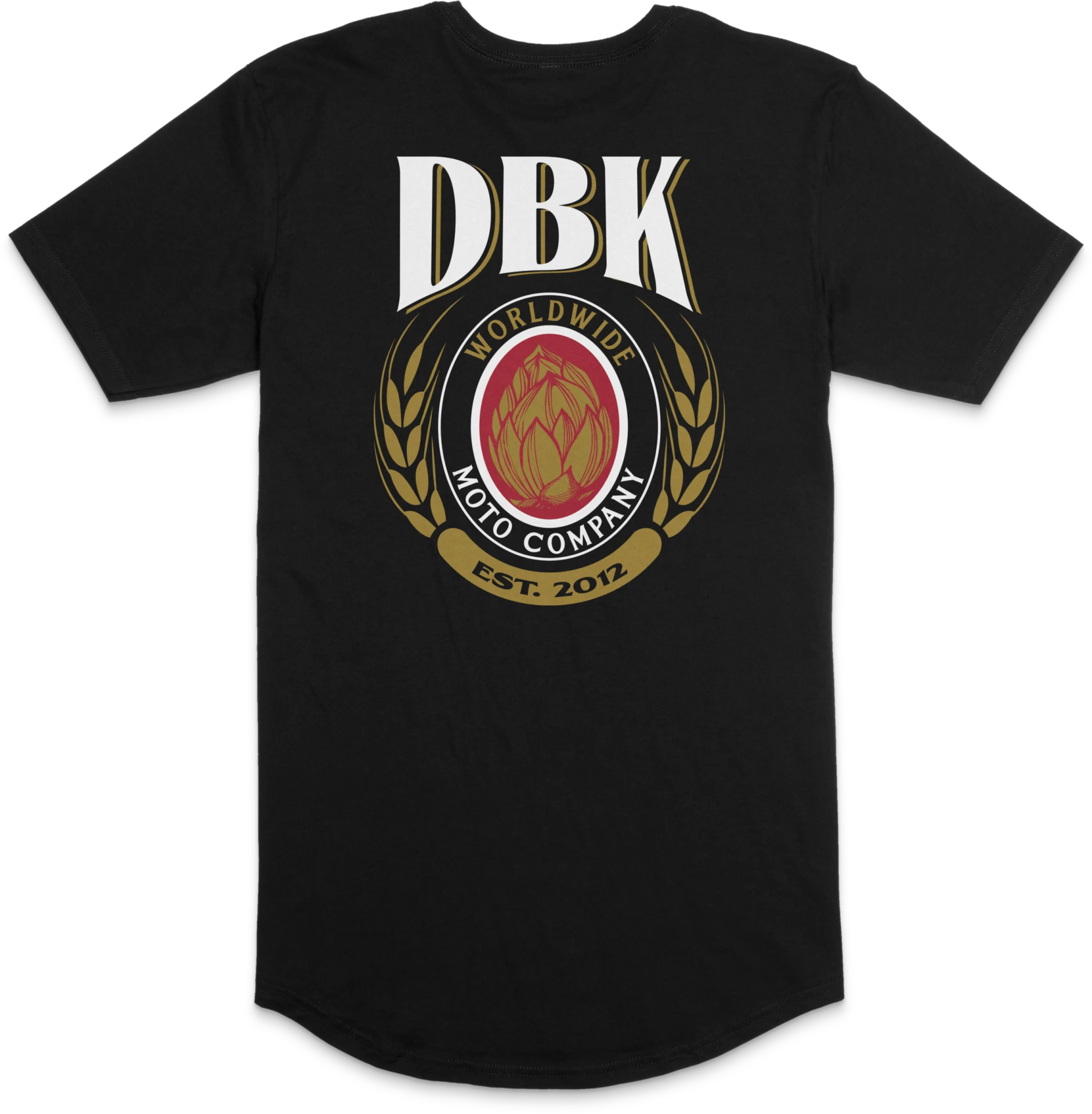 DBK Beer Co Premium Tee in black, back view with large DBK Worldwide Moto Company crest