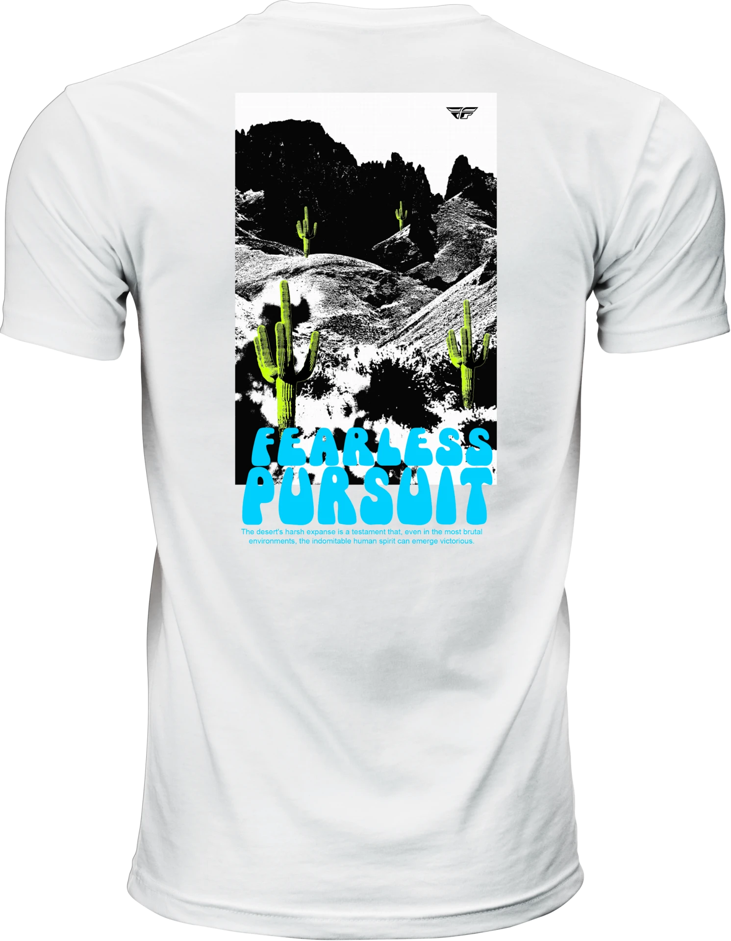 White Fly Racing Desert tee, back view with large desert mountain and cactus graphic