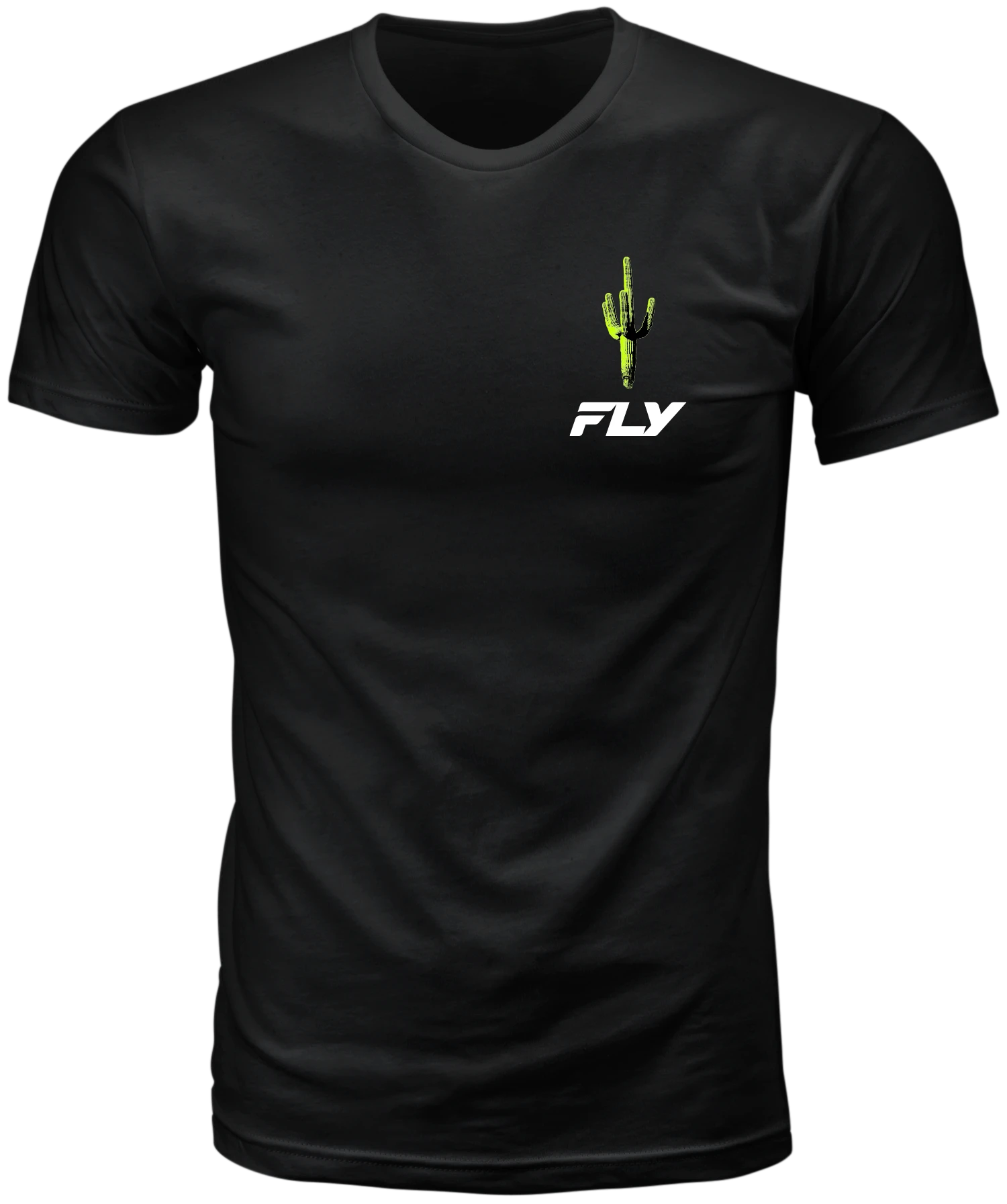 Black Fly Racing Desert tee, front view with small cactus and Fly logo on the chest