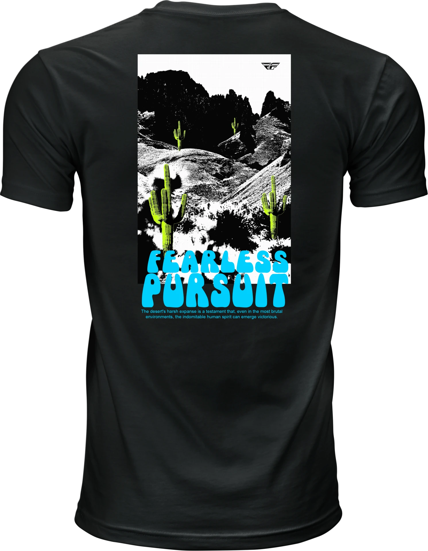 Black Fly Racing Desert tee, back view with large desert mountain and cactus graphic