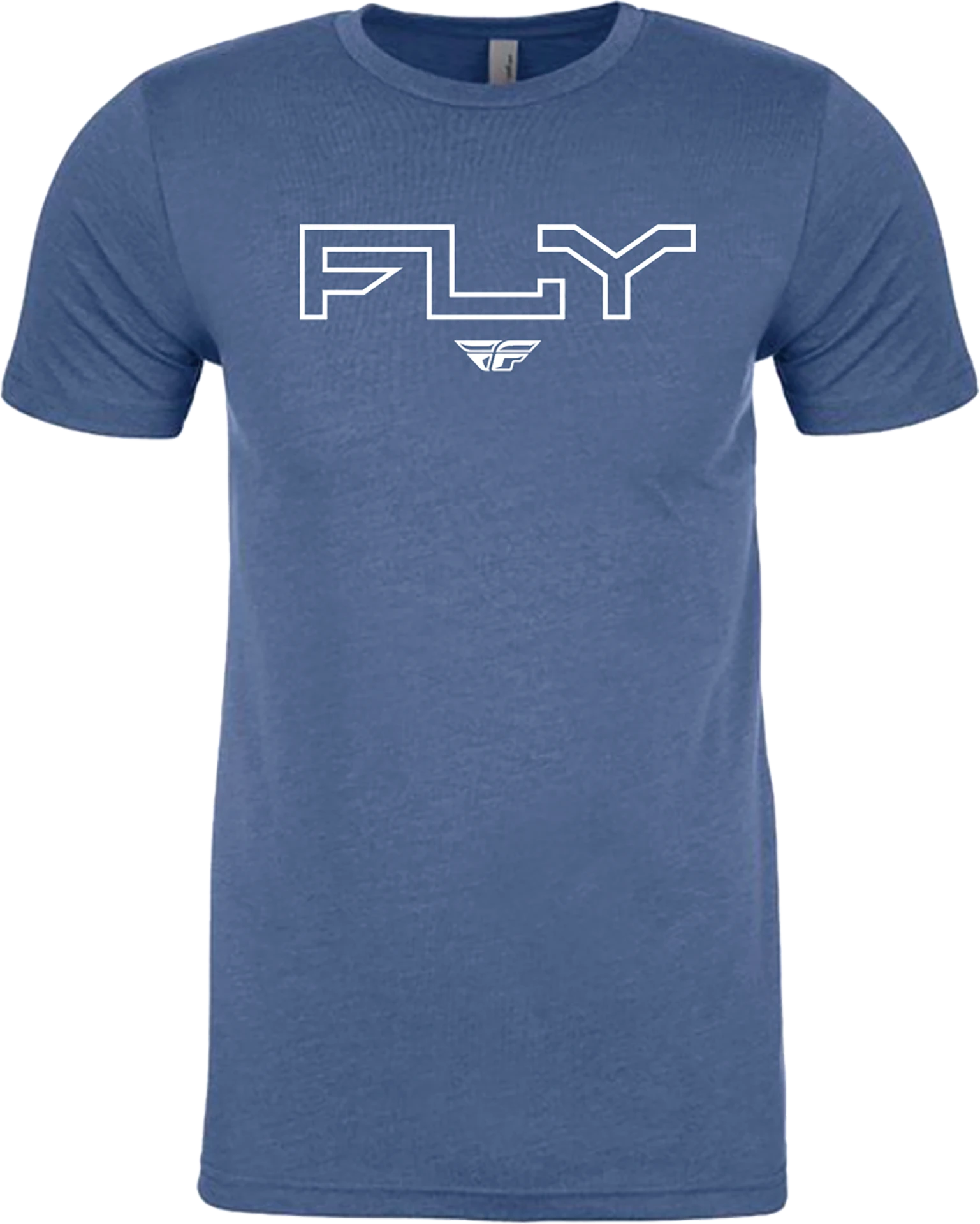 Cool blue heather Fly Racing Edge tee, front view with white outlined Fly logo