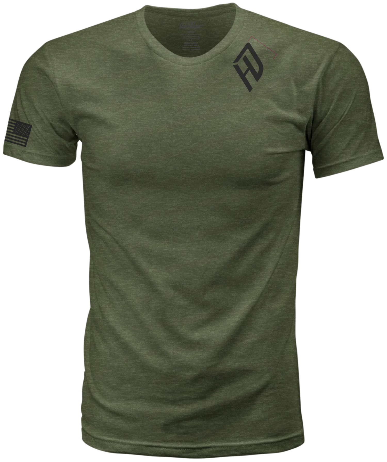 Olive green HardDrive Emblem tee, front view with small black chest logo and sleeve flag