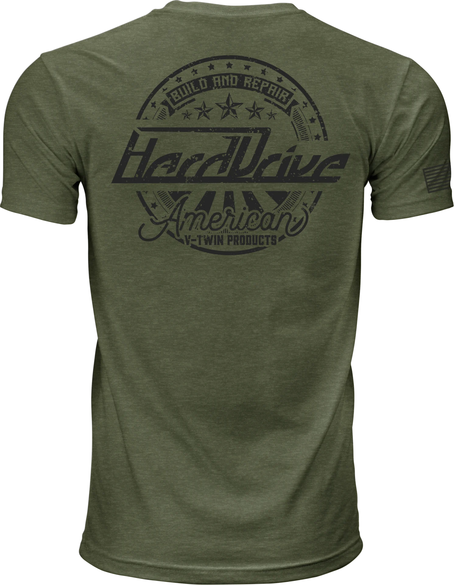 Olive green HardDrive Emblem tee, back view with large black HardDrive emblem graphic