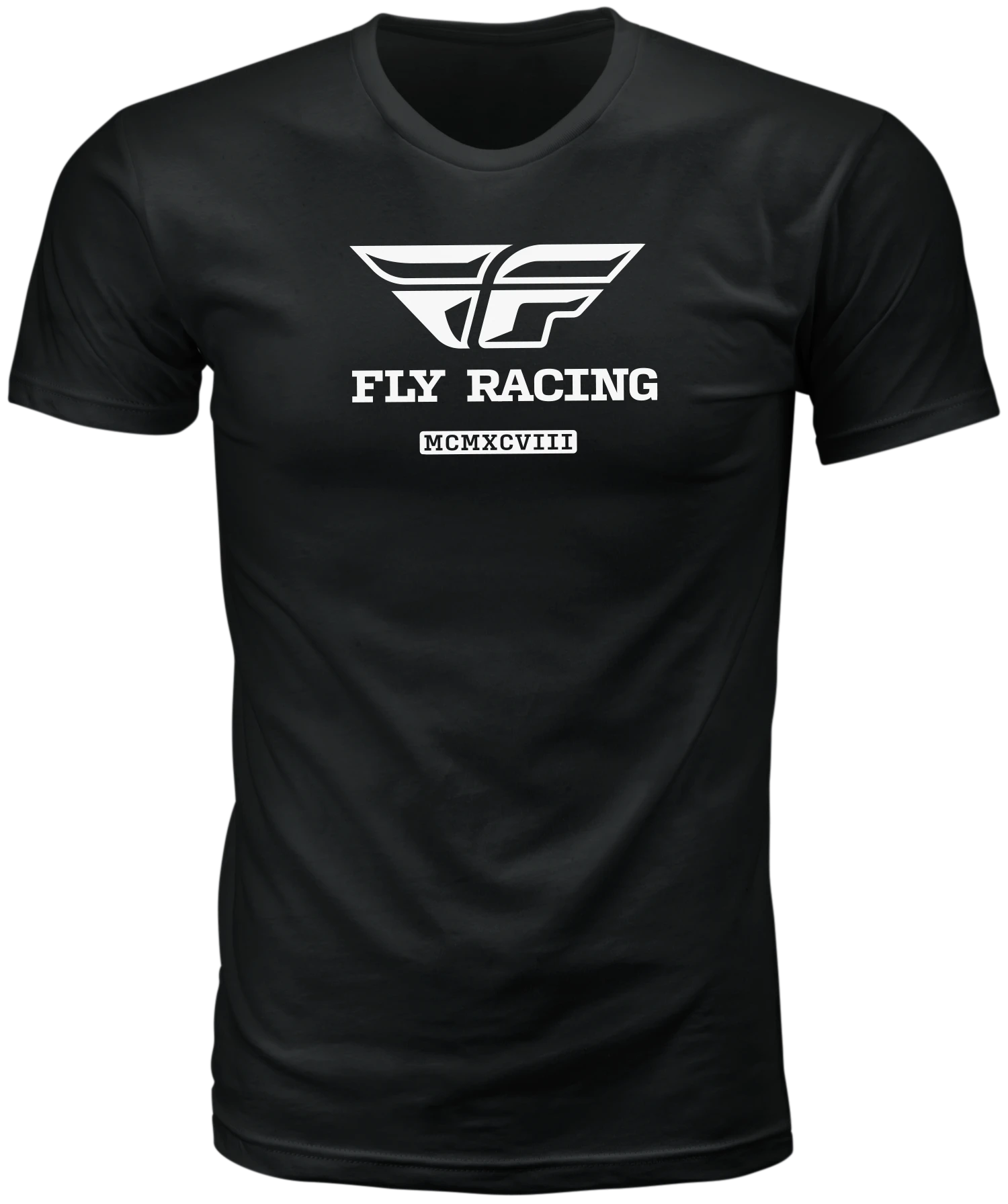 Black Fly Racing Evolution tee, front view with white Fly Racing logo on the chest