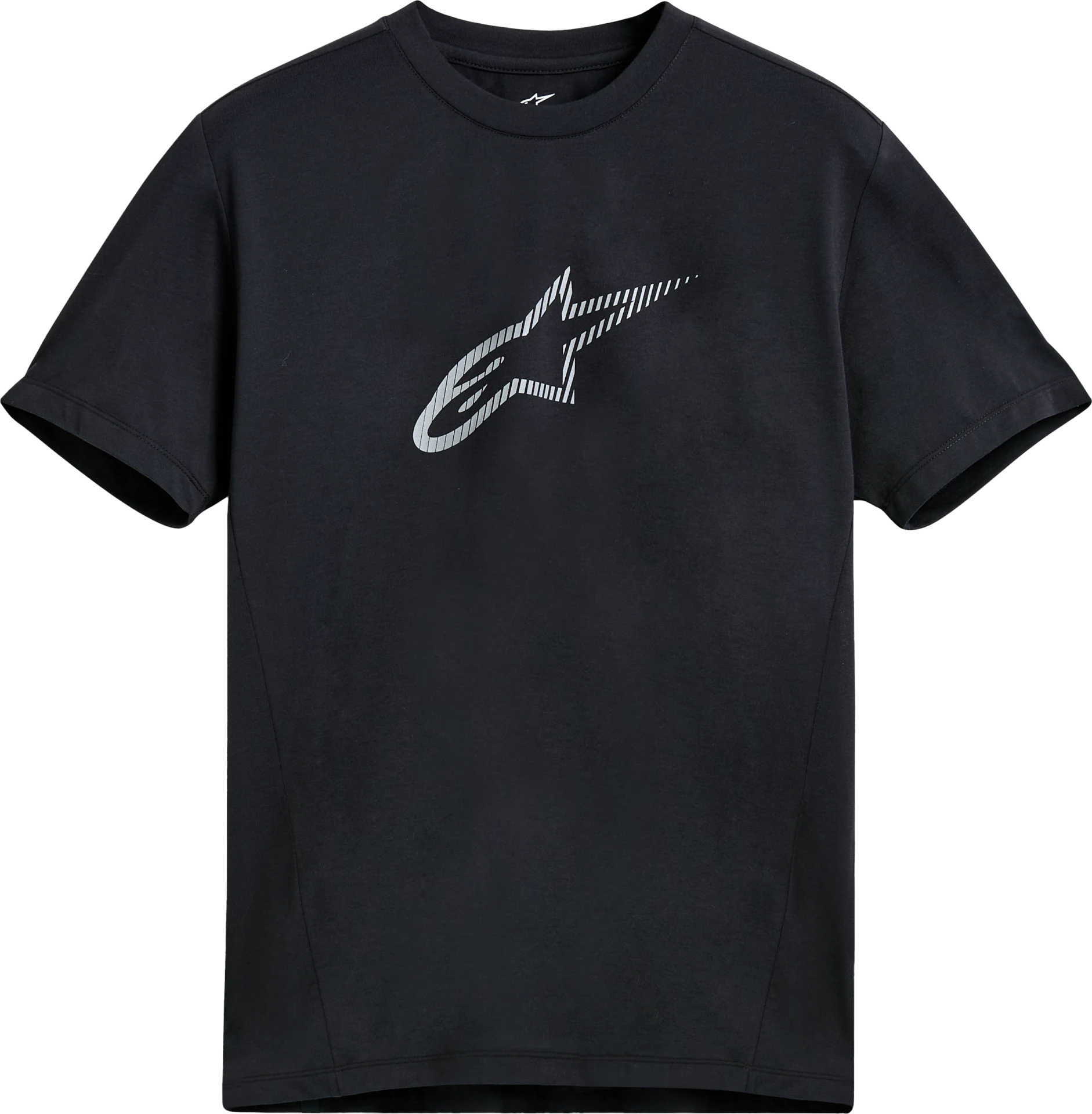 Black Alpinestars Exemption performance tee, front view with grey Astars logo