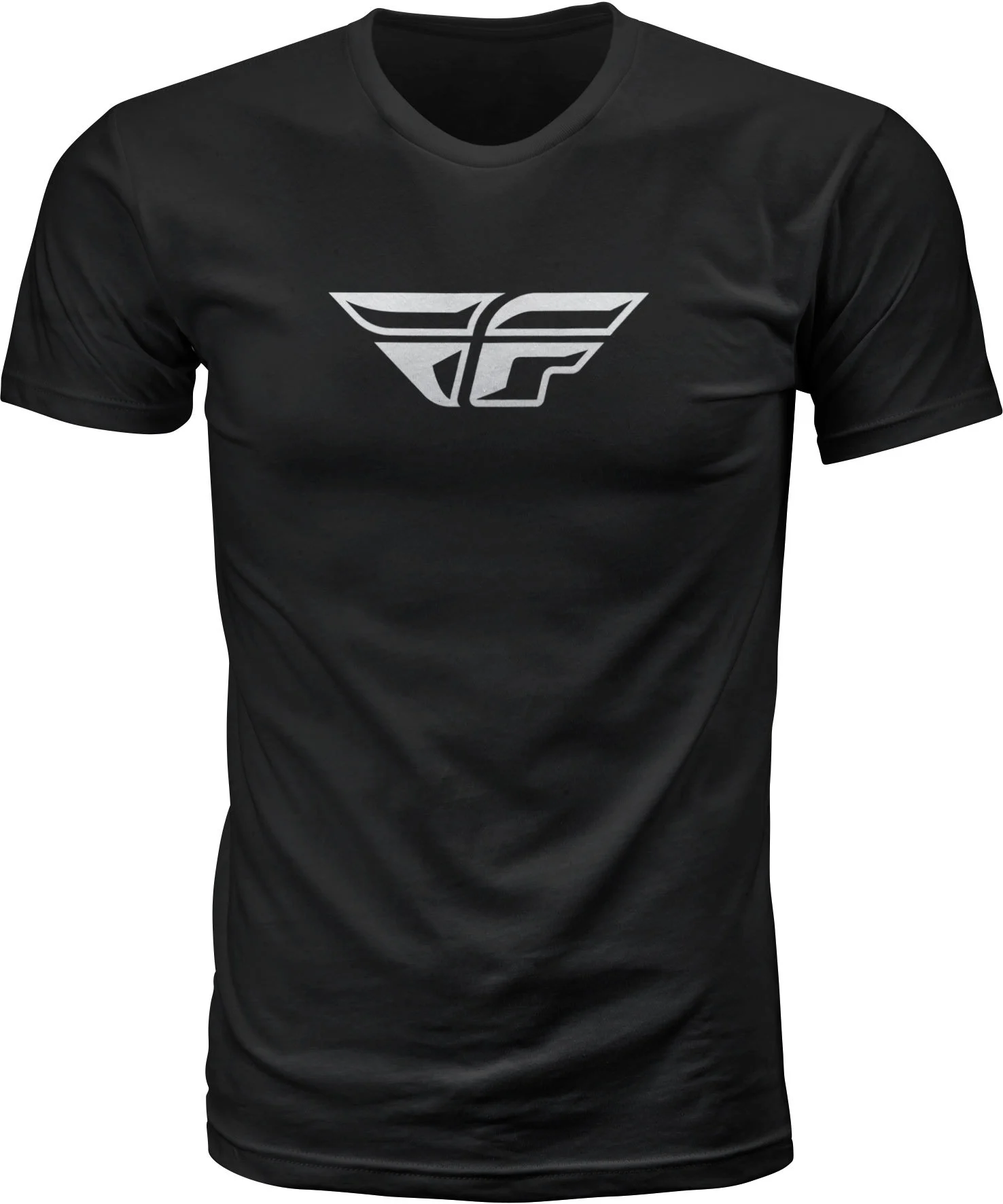 Black Fly Racing F-Wing tee, front view with grey F-Wing logo