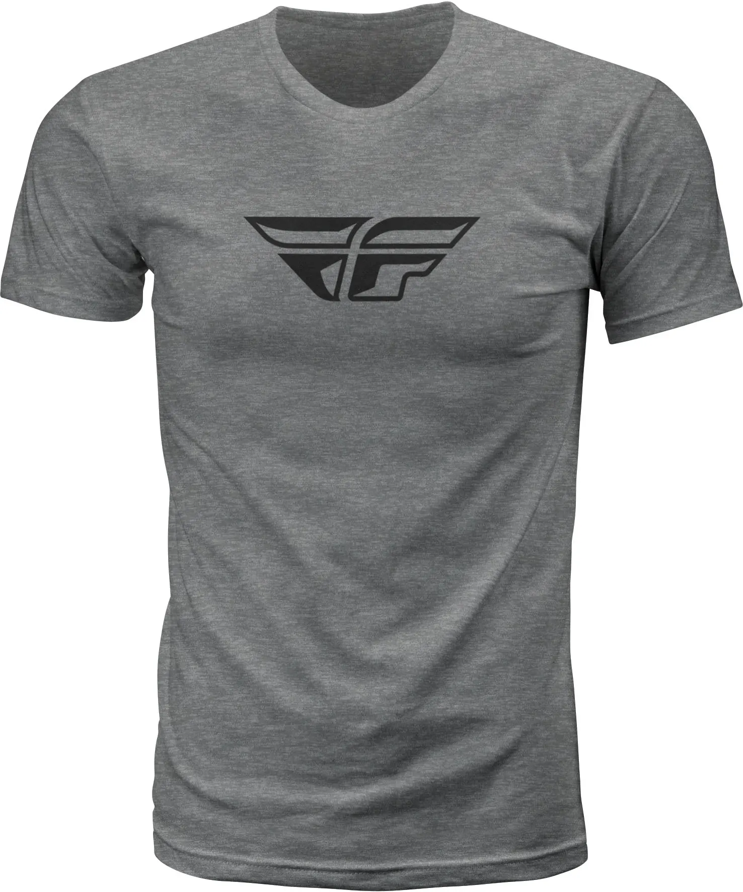 Dark grey heather Fly Racing F-Wing tee, front view with black F-Wing logo
