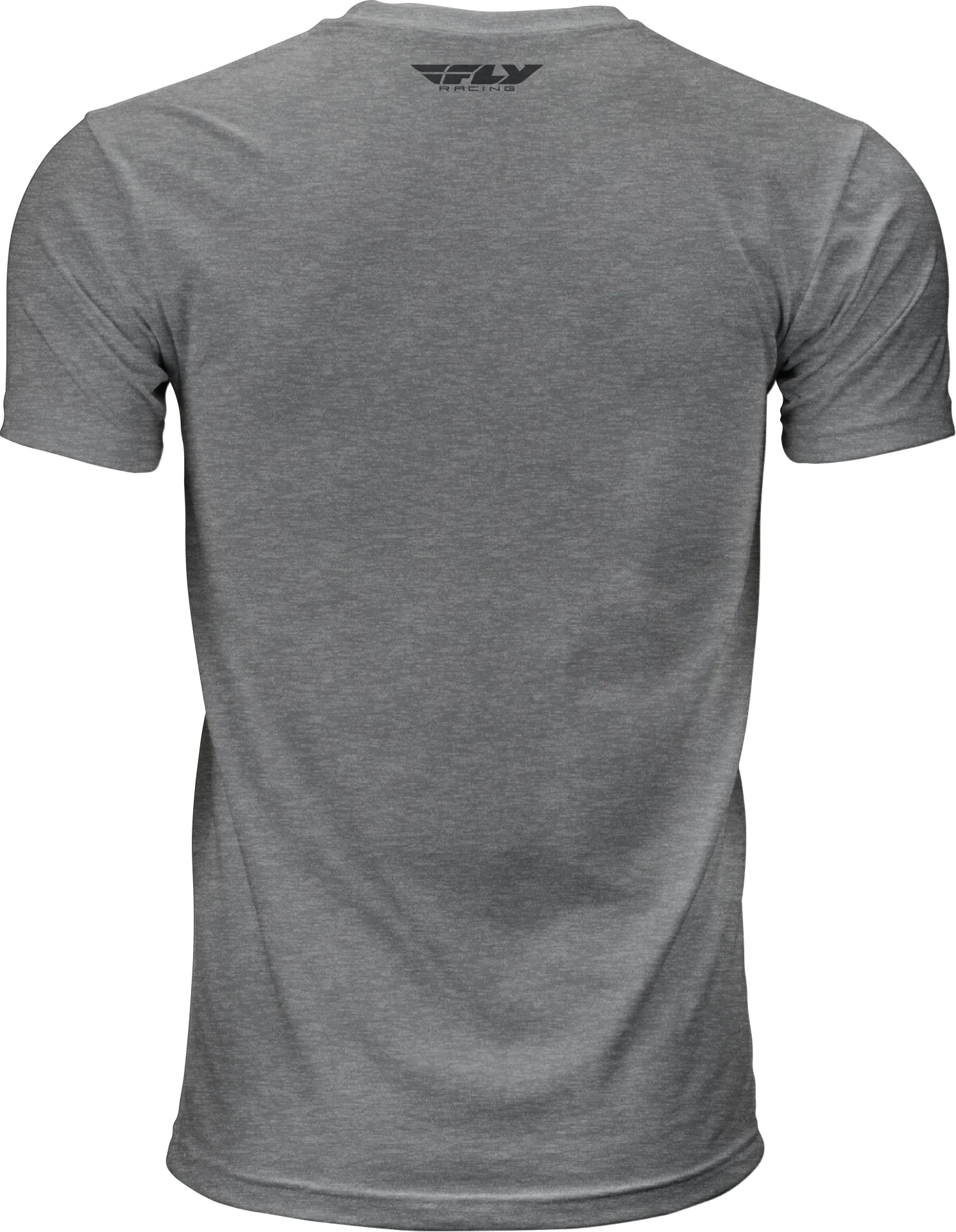 Dark grey heather Fly Racing F-Wing tee, back view with small neck logo