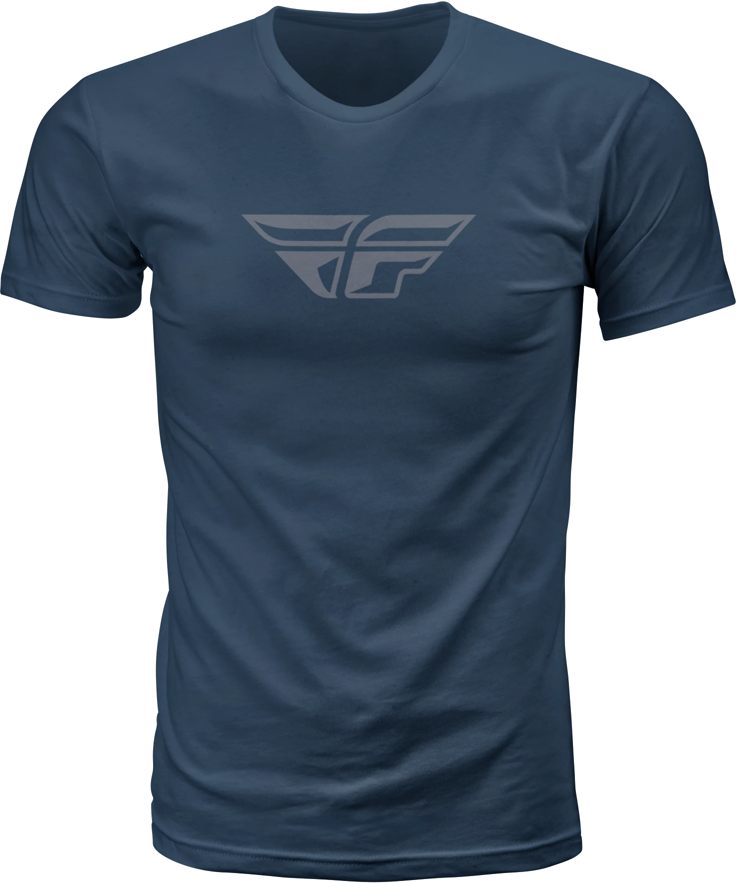 Midnight navy Fly Racing F-Wing tee, front view with grey F-Wing logo