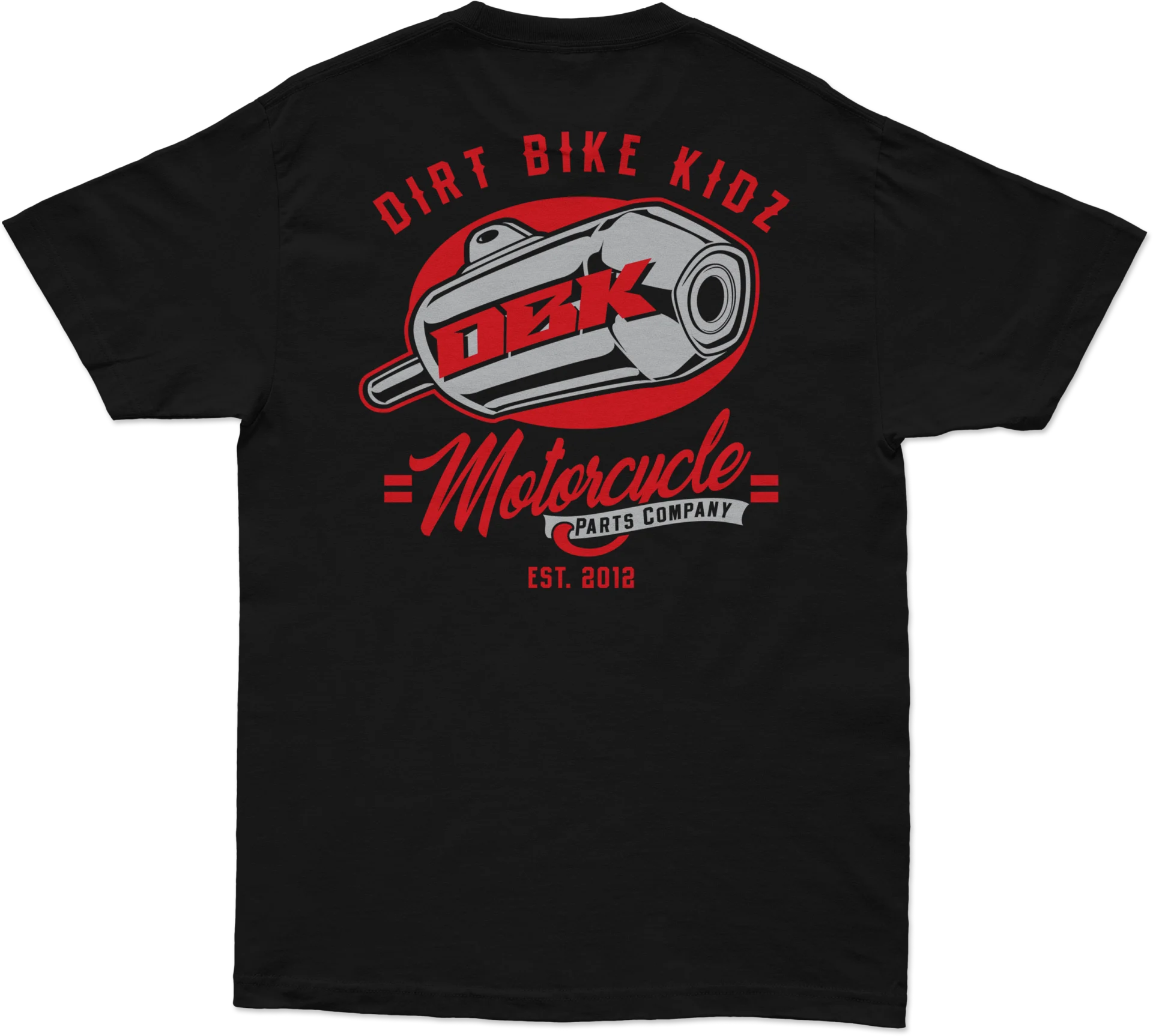 Black DBK Factory tee, back view with red and white Dirt Bike Kidz exhaust-pipe graphic