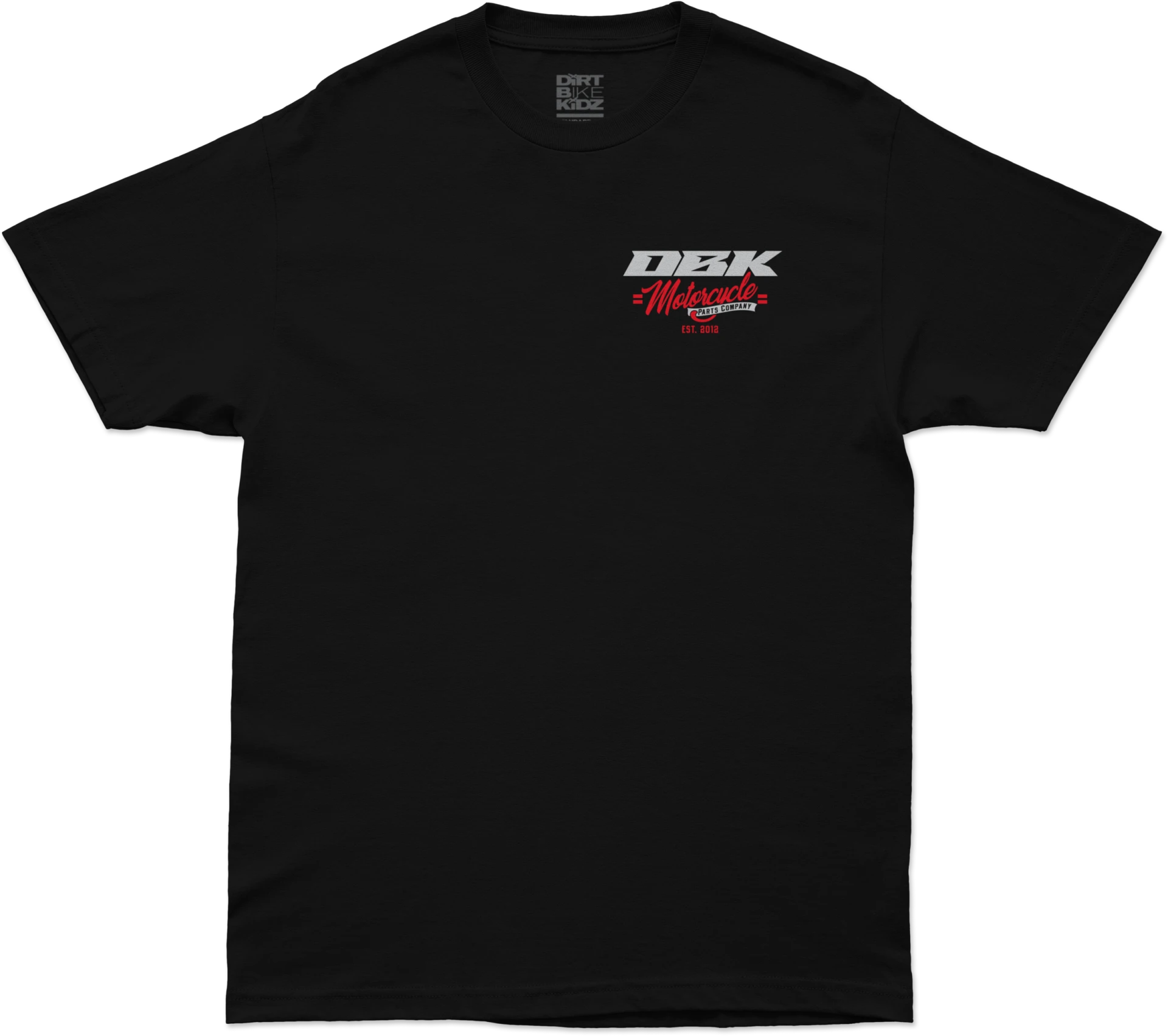 Black DBK Factory tee, front view with small red and white DBK chest logo