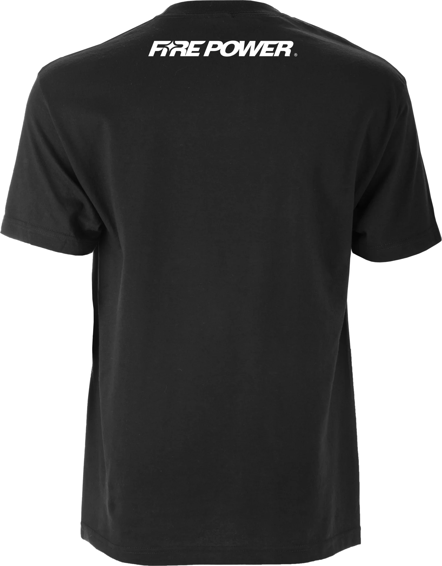 Fire Power Logo Tee in black, back view with Fire Power wordmark below the collar
