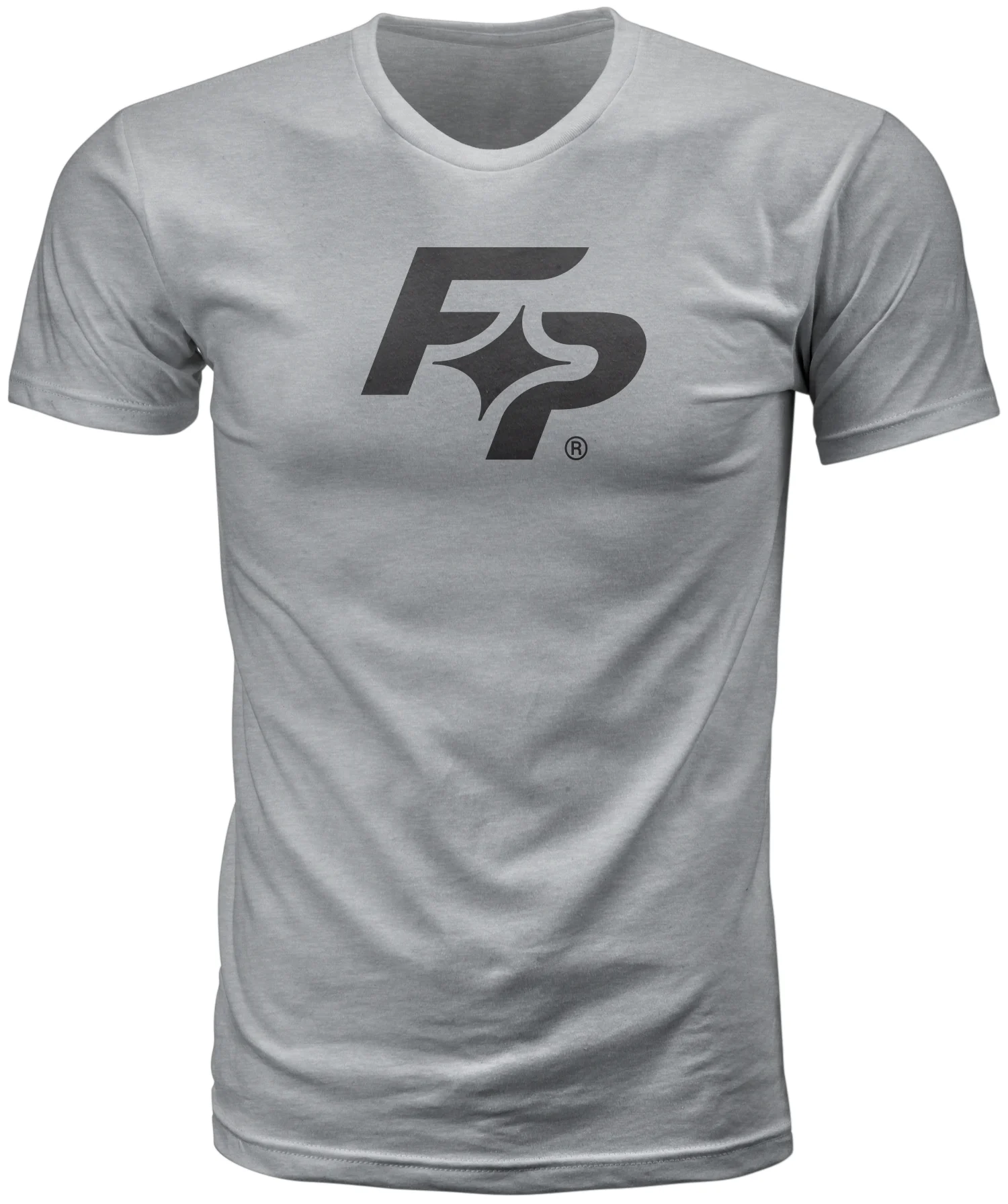Fire Power Logo Tee in grey heather, front view with black FP chest logo