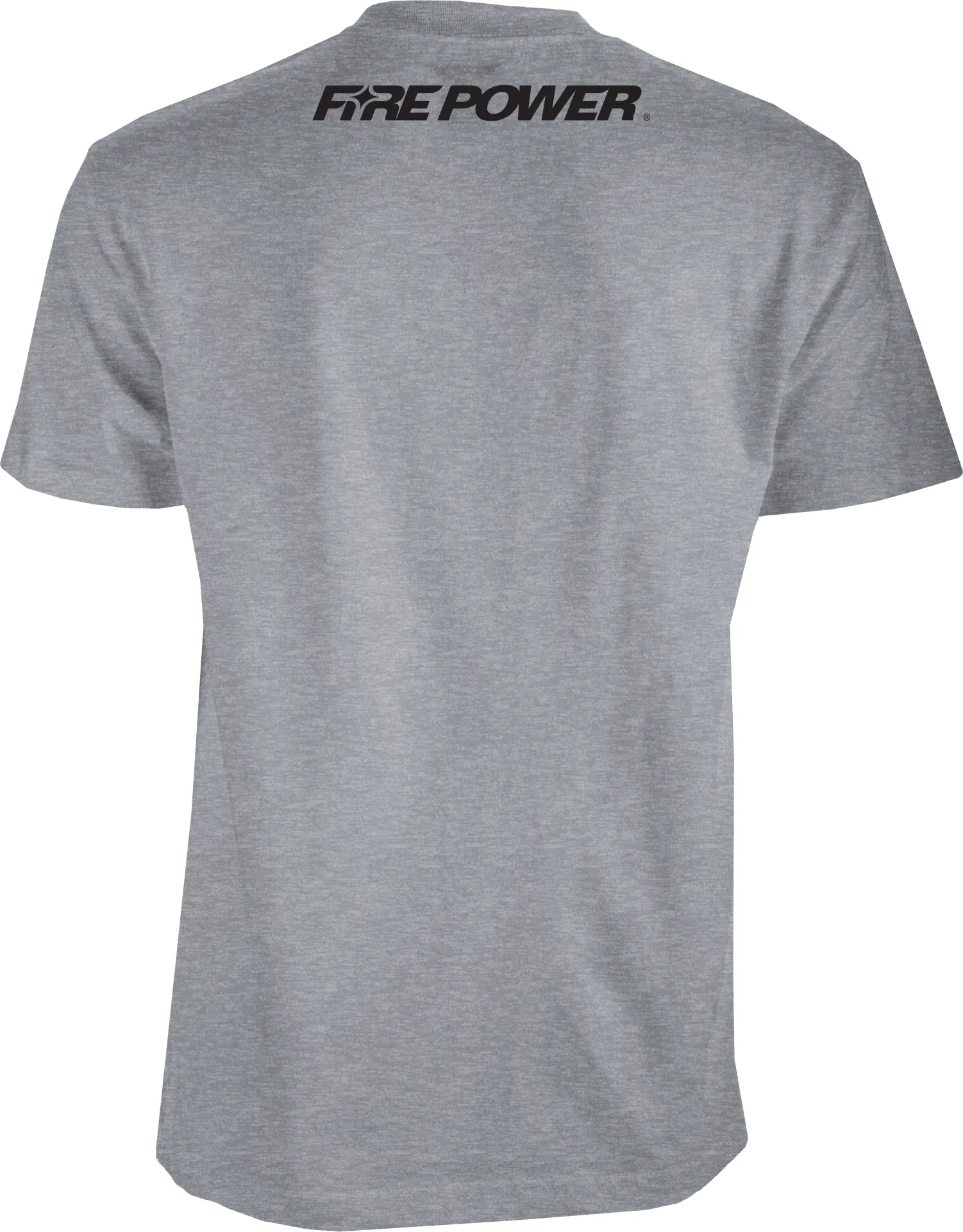 Fire Power Logo Tee in grey heather, back view with Fire Power wordmark below the collar